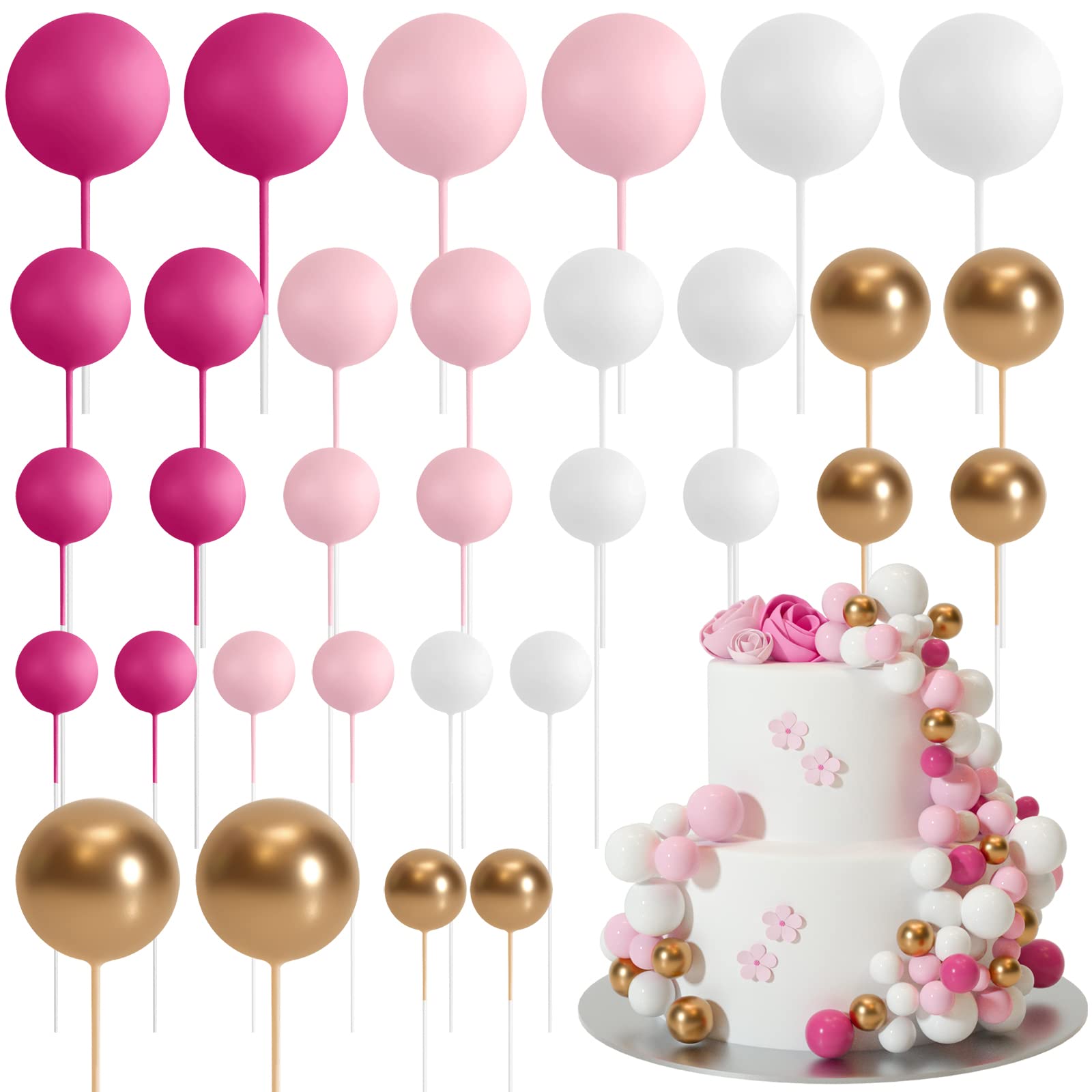 32 Pcs Pink Gold Ball Cake Toppers - Mini Balloons Cake Decorations with Sticks, Foam Balls for Wedding, Birthday Party, Baby Shower & Anniversary Cakes - Perfect for DIY Cake Decorating & Dessert Table Displays
