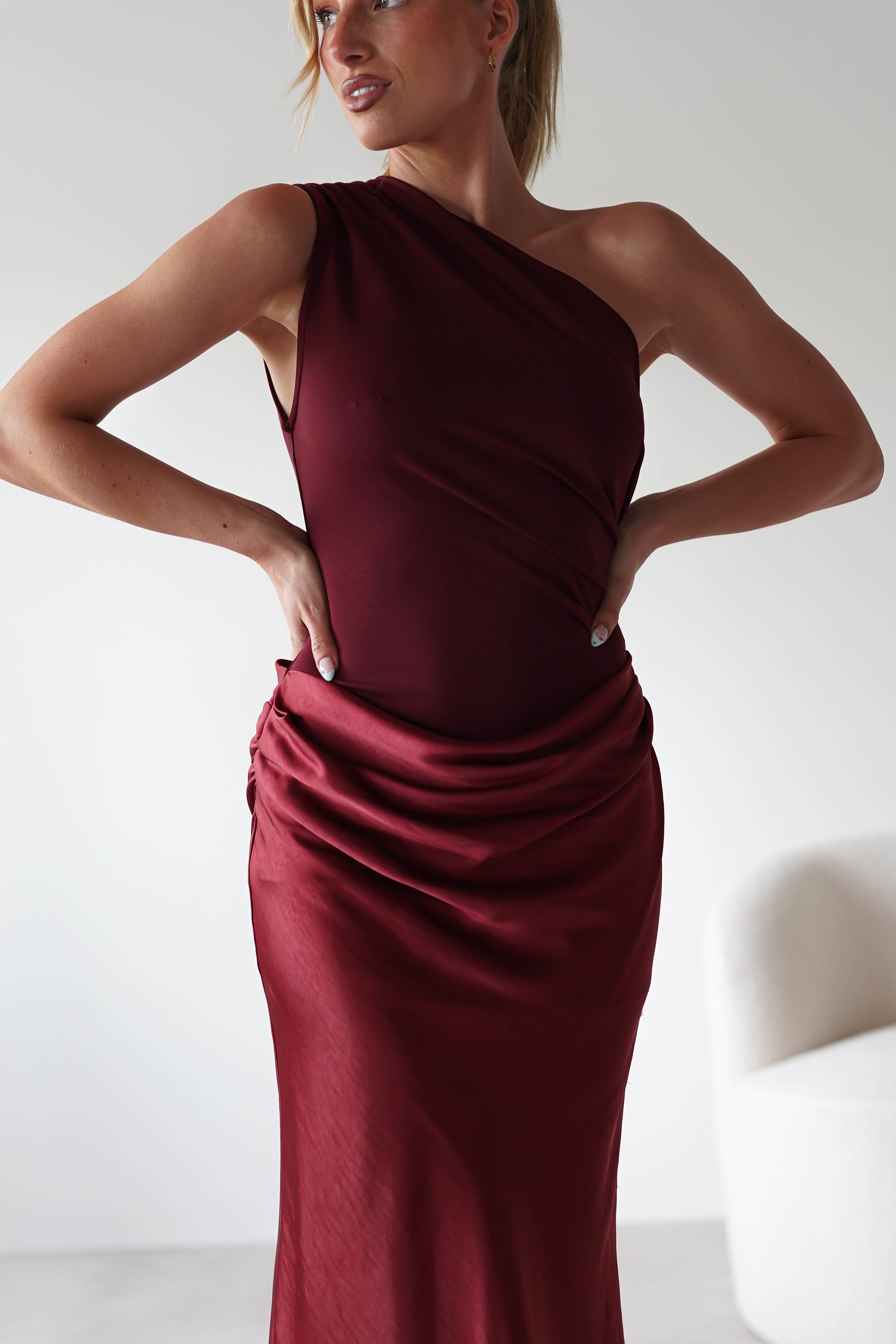 Elegant Kashia Draped Satin Maxi Dress for Women - Burgundy Wine Color | Perfect for Evening Parties, Weddings & Special Occasions