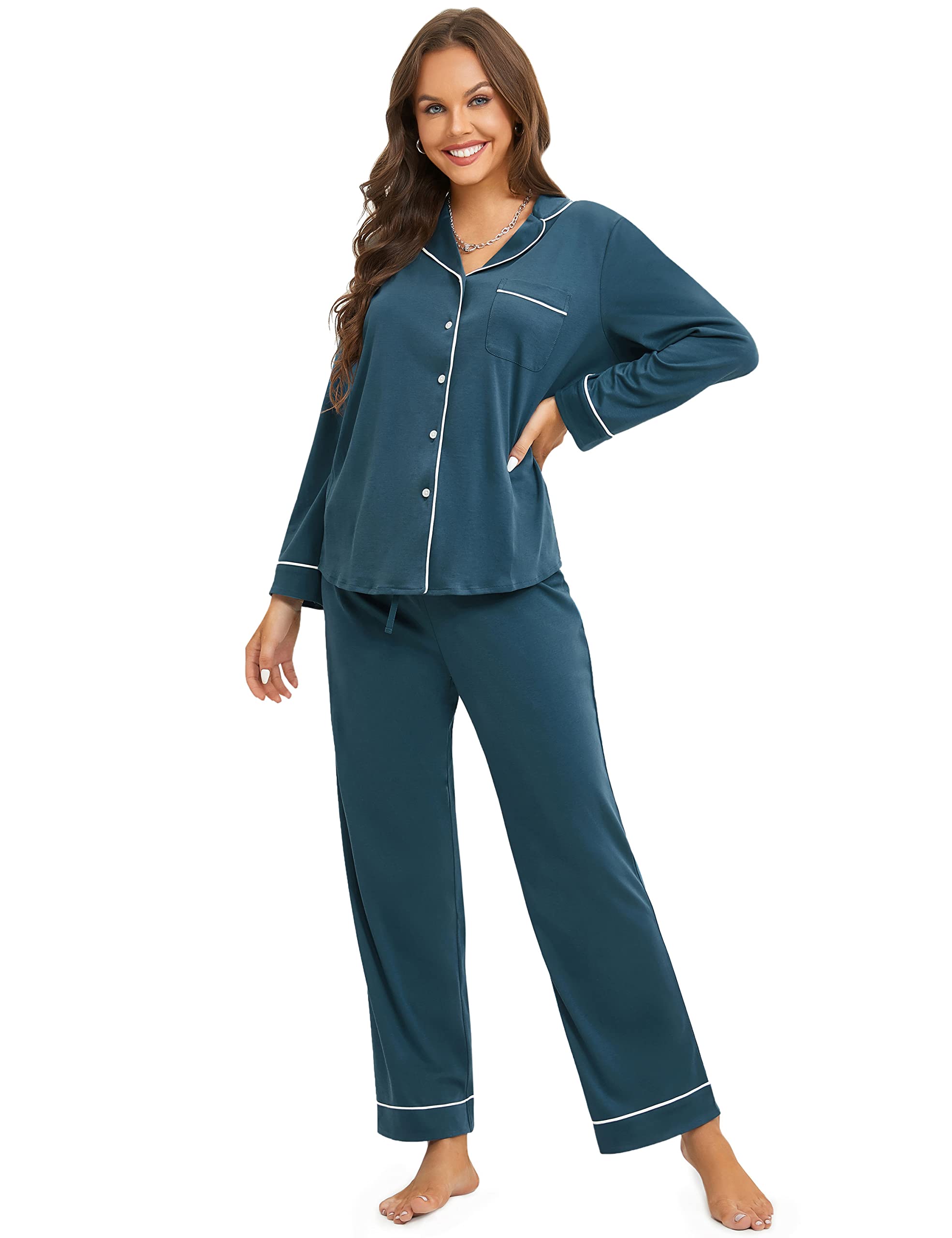 DOBREVA Women's Cotton Pajama Set - Soft & Comfy 2-Piece Lounge Wear with Button Up Long Sleeve for Sleep, Relaxing at Home, and Cozy Nights | Breathable Sleepwear for Women