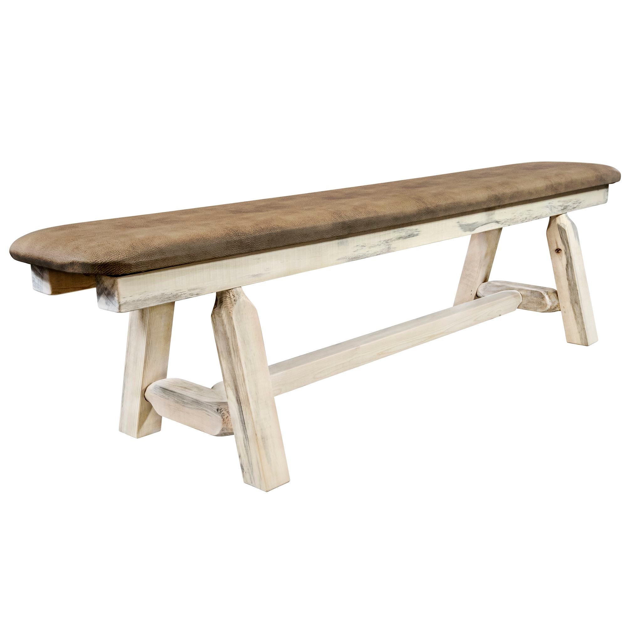 6 Foot Homestead Plank Style Bench with Buckskin Upholstery - Rustic Wooden Bench for Entryway, Porch, or Farmhouse Decor