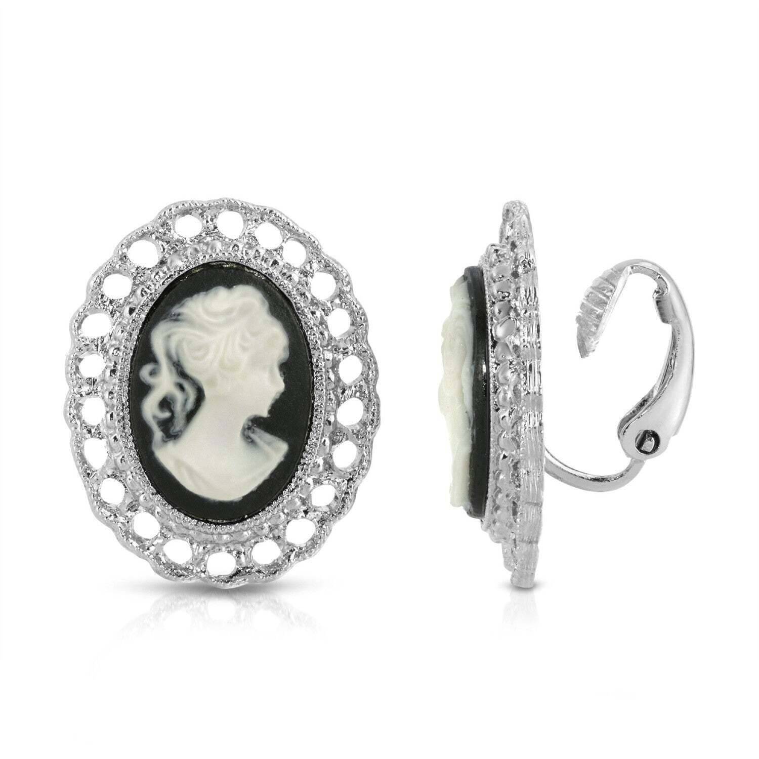 Vintage 1928 Black Cameo Oval Filigree Clip-On Earrings - Elegant Antique Style Jewelry for Women, Perfect for Weddings, Parties & Special Occasions