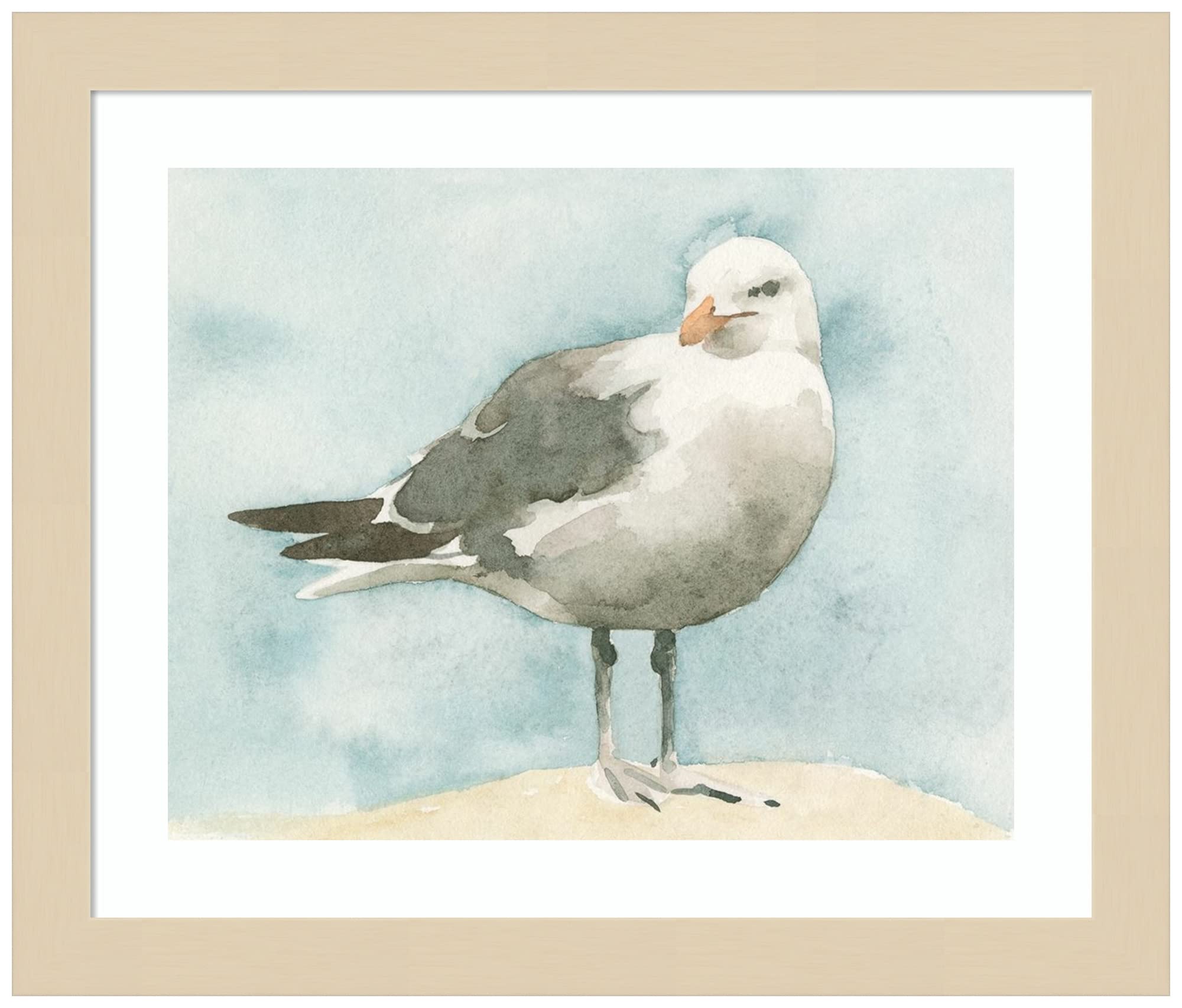 Emma Caroline Seagull Wall Art Print - 13x11 Inch Wood Framed Coastal Decor, Svelte Natural Frame - Perfect for Beach House, Living Room & Bedroom Decor