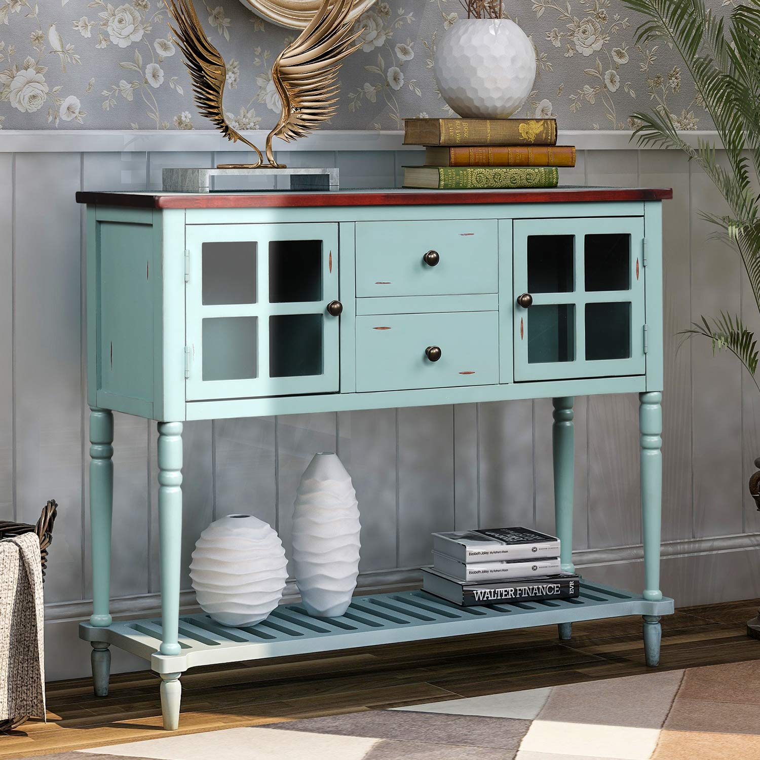 Rustic Retro Blue Console Table - Entryway Buffet Cabinet & Sofa Table for Living Room, Dining Room, Hallway - Perfect for Home Decor, Storage & Display