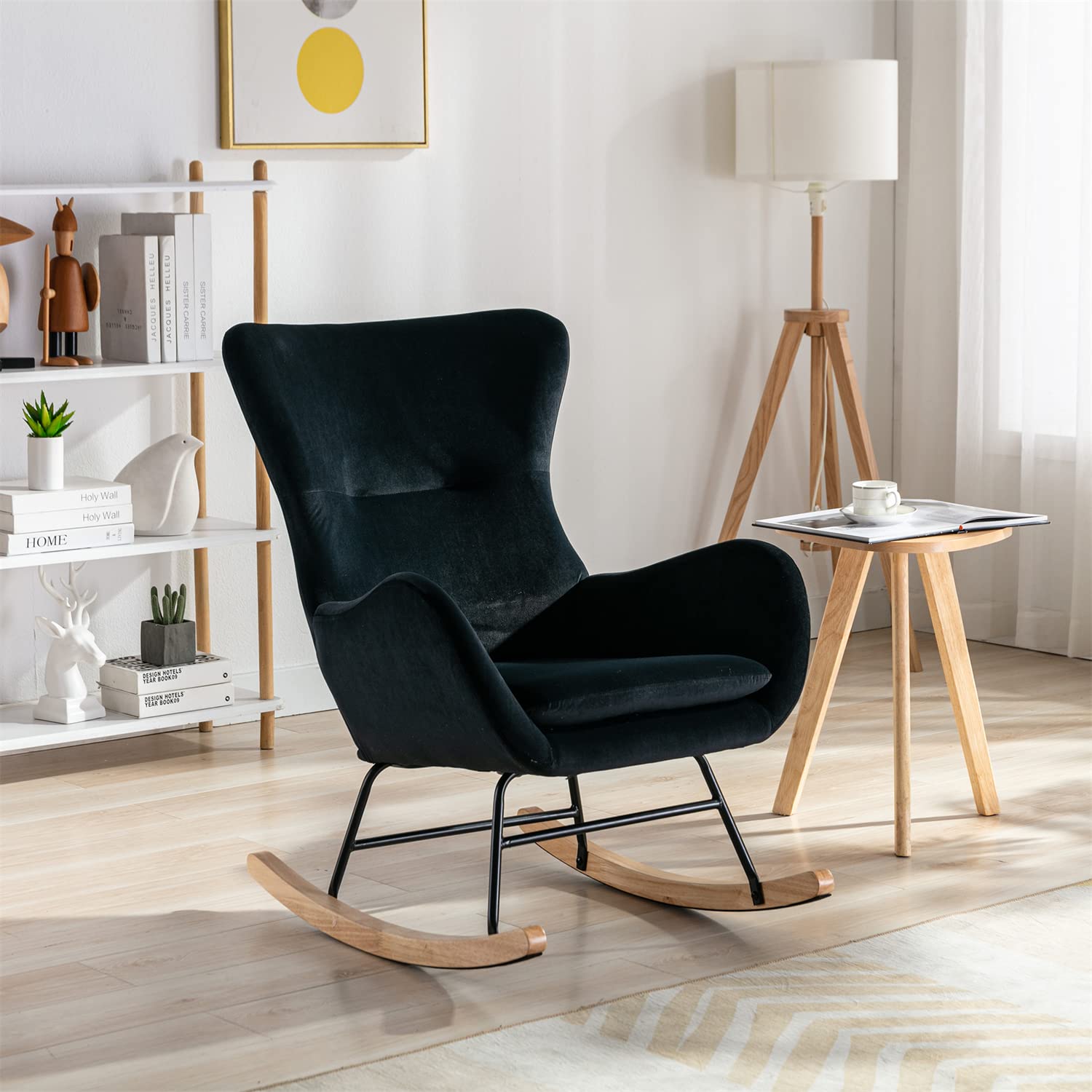 Modern Velvet Nursery Rocking Chair - High Back Upholstered Armchair with Padded Seat & Solid Wood Frame, Comfortable Accent Chair for Living Room, Nursery or Bedroom (Black) - Perfect for Nursing, Reading & Relaxation