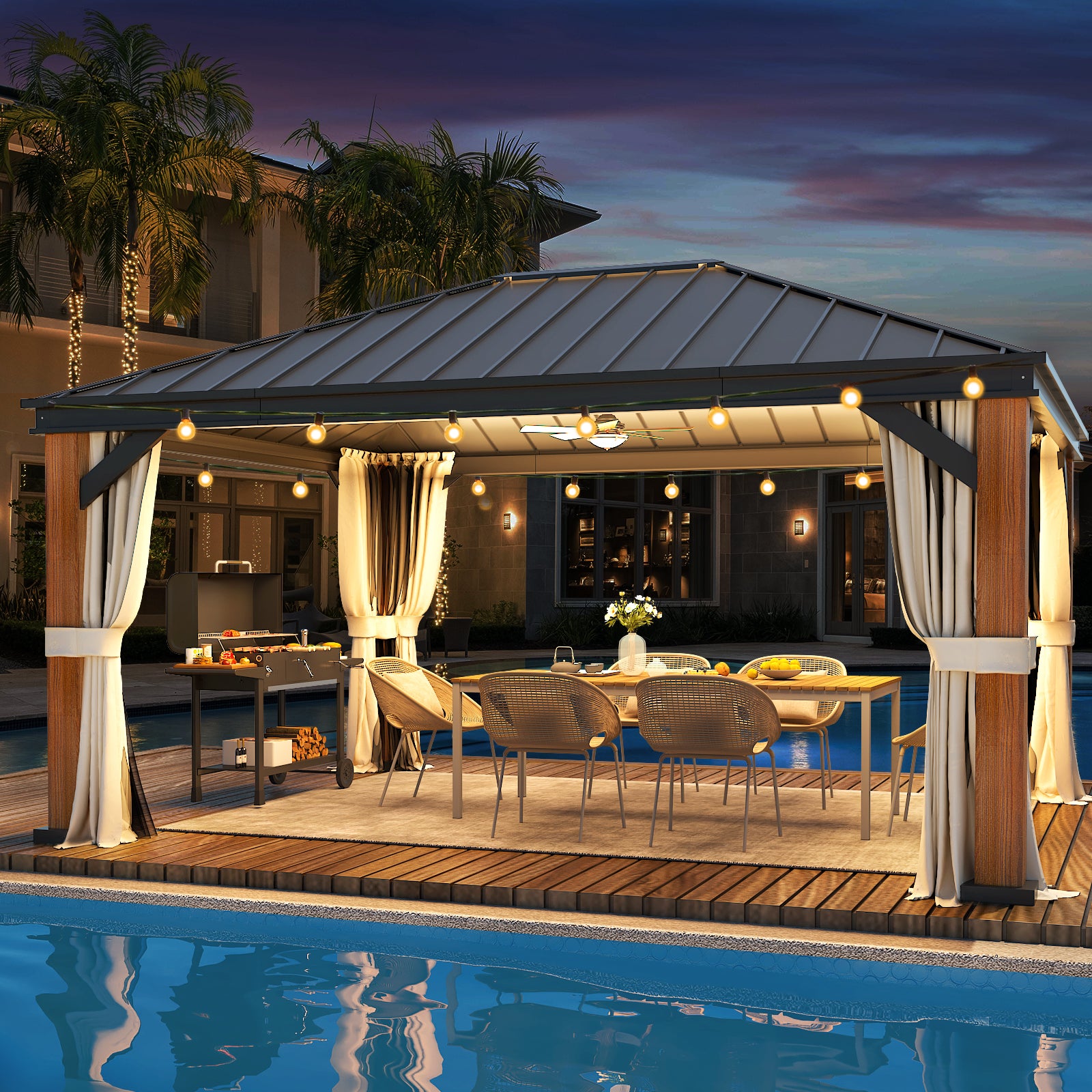12' x 16' Hardtop Gazebo with Aluminum Frame & Steel Roof - Weatherproof Outdoor Canopy for Patio, Garden, Backyard | EROMMY Luxury Gazebo with Faux Wood Grain & Vertical Stripe Design