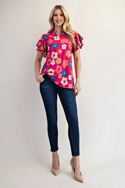Celeste Bold Floral Print Ruffle Sleeve Blouse - Women's Casual Chic Tops for Spring Summer Outfits, Date Night & Office Wear