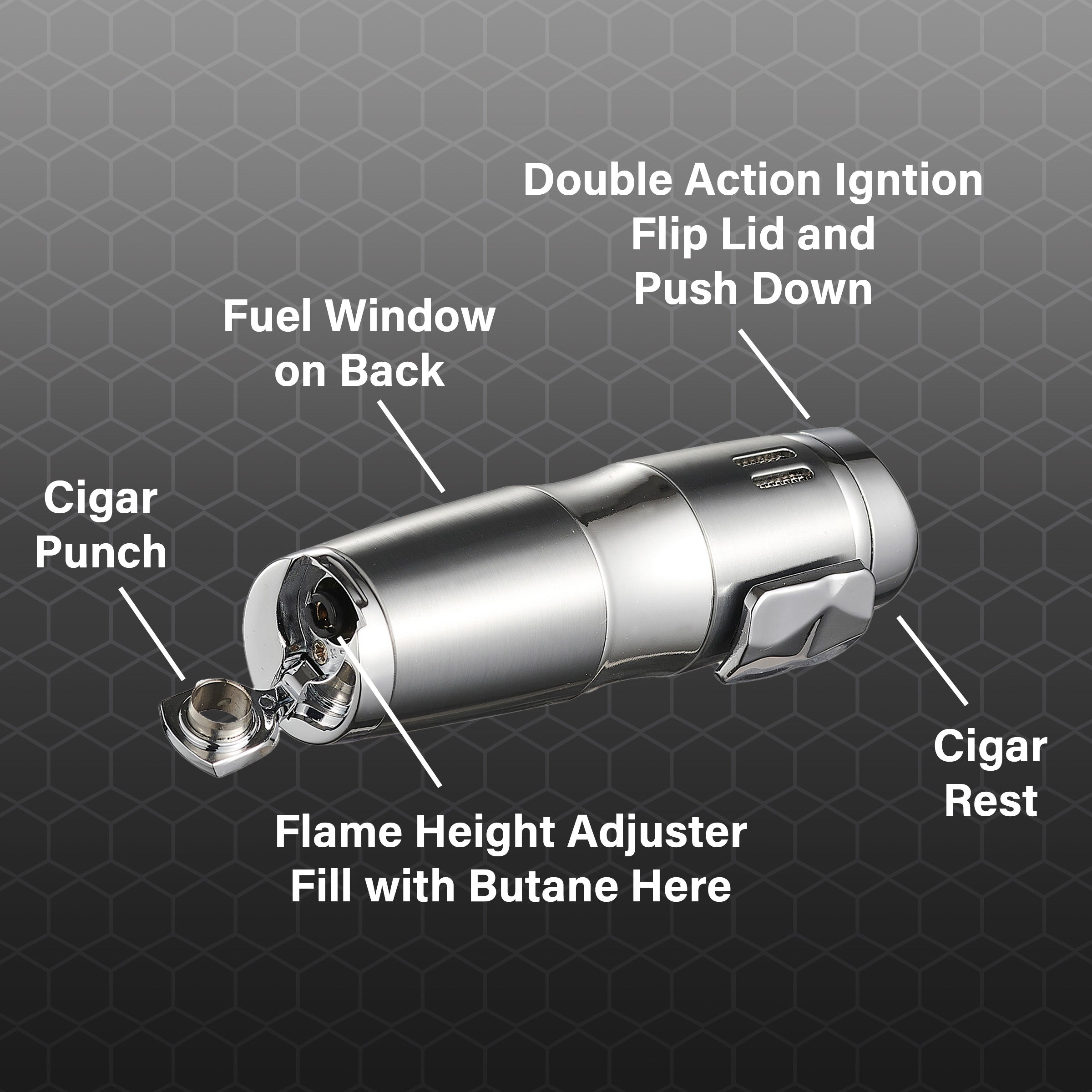 Visol Epicron Triple Flame Silver Cigar Lighter - Windproof Butane Torch for Cigars, Cigarettes & Outdoor Use - Perfect for Smoking, Camping & Gifts