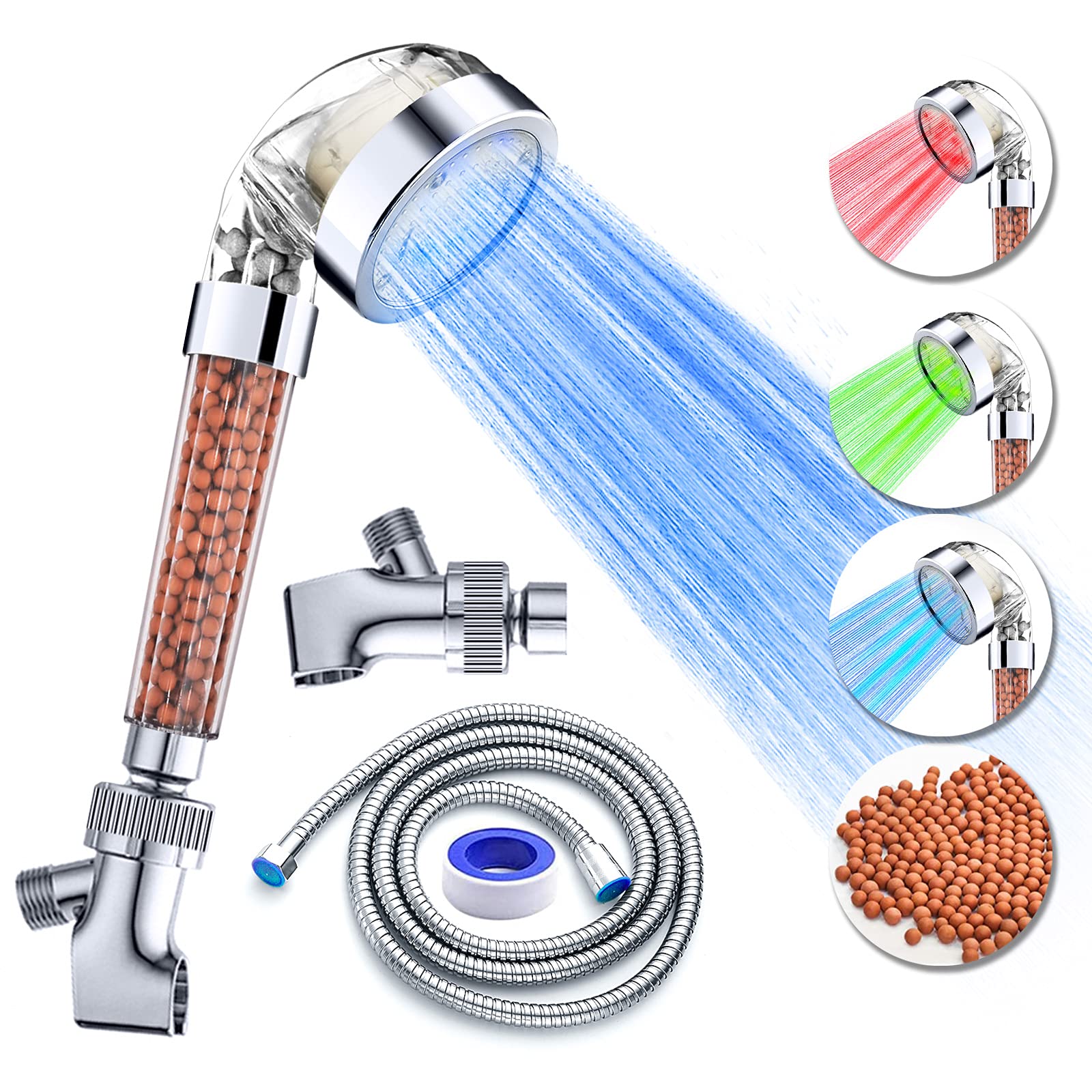 LED 3-in-1 Temperature Display Shower Head with Handheld & High Pressure - Water Saving Filtered Shower System with Hose for Bathroom & Spa Relaxation (Transparent)