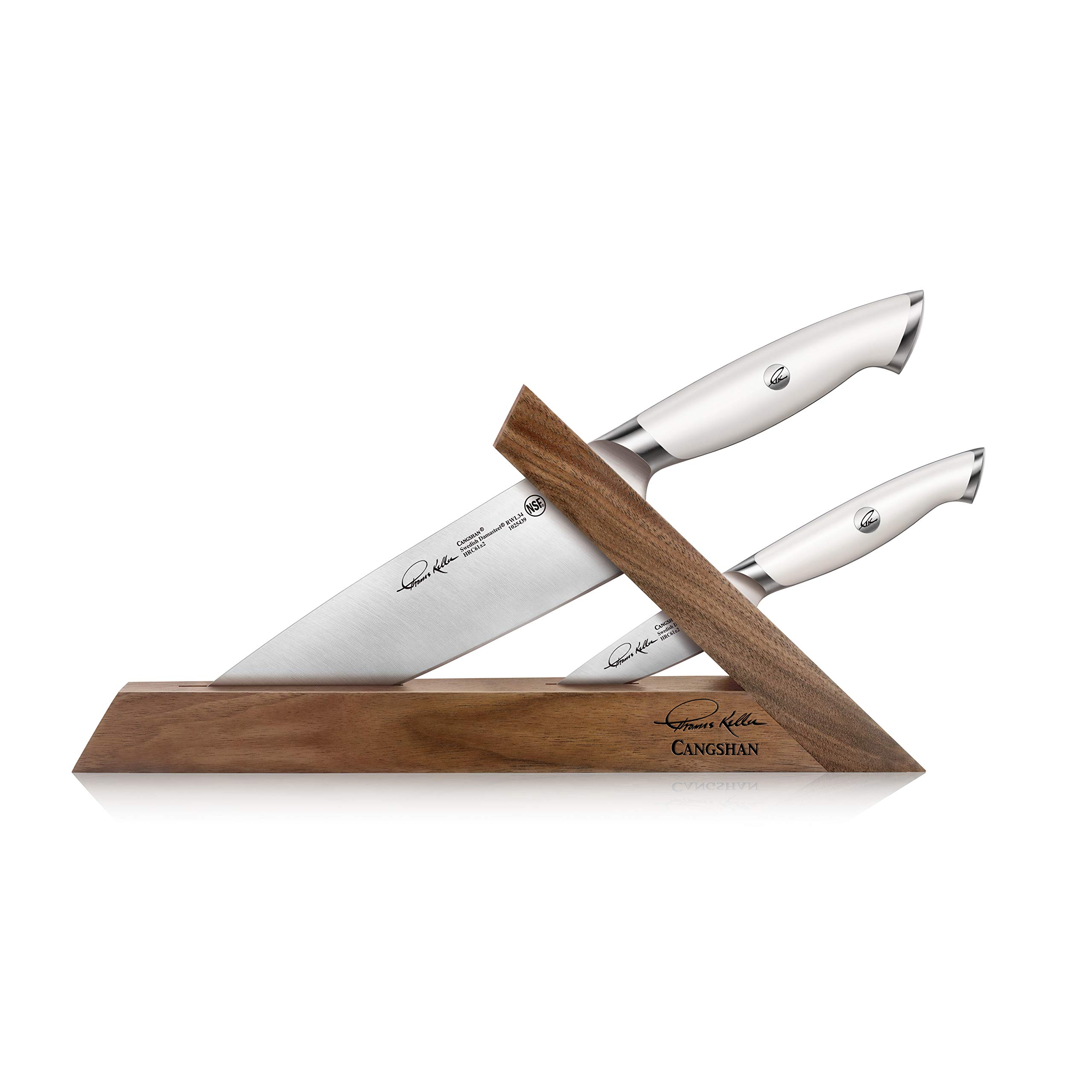 Cangshan Thomas Keller Signature Collection Swedish Powder Steel Forged 3-Piece TAI Block Knife Set with Walnut Handle & White Blade - Perfect for Professional Chefs & Home Cooking Enthusiasts