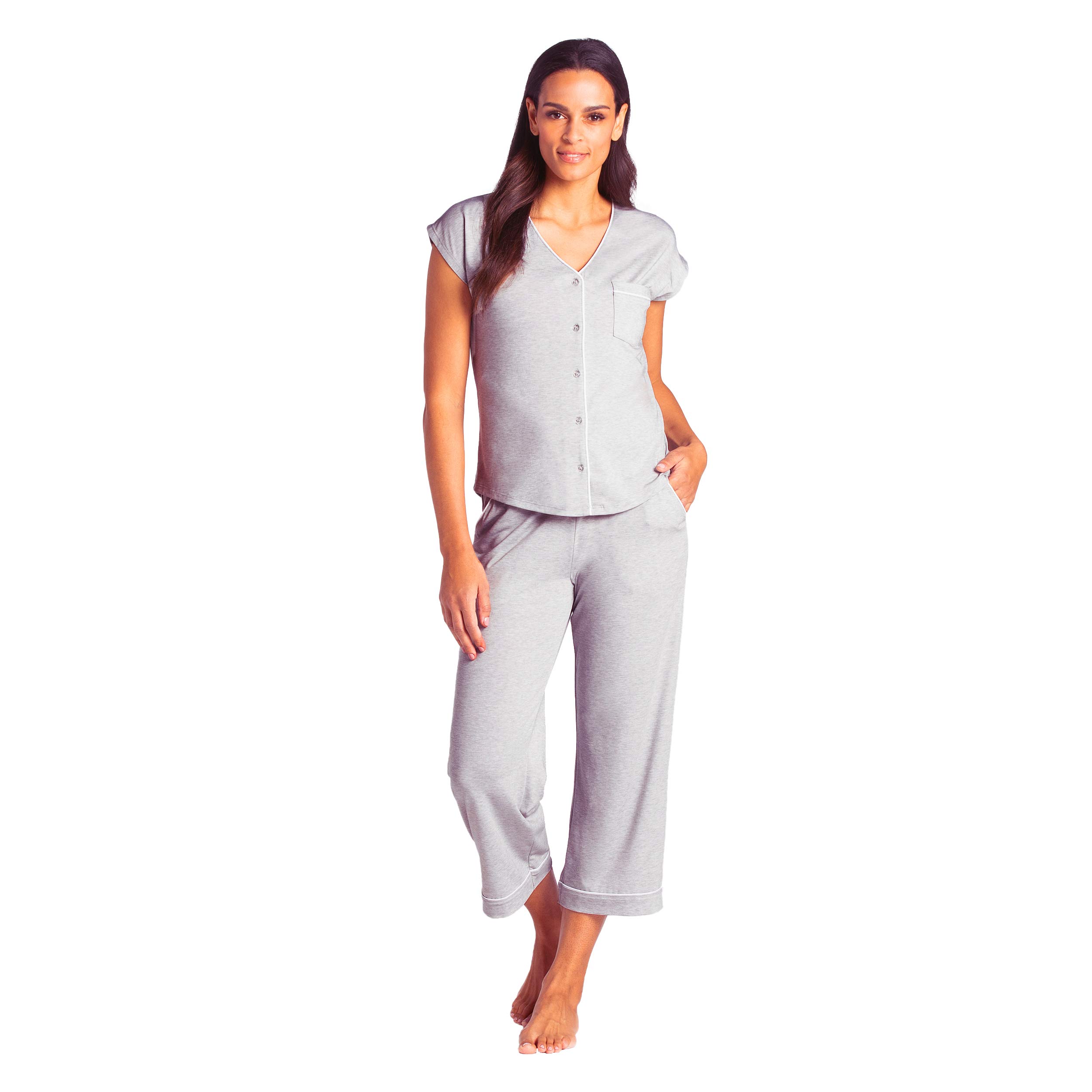 Softies Women's Cap Sleeve Capri-Length Pajama Set with Contrast Piping - Comfortable Sleepwear for Lounge & Bedtime