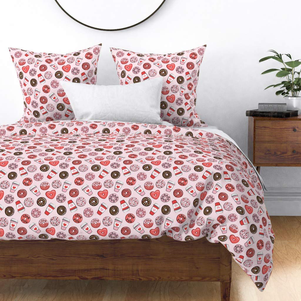 Custom Donut Print Cotton Sateen Duvet Cover Twin Size - Valentine's Day Red Pink Chocolate Love Cute Dessert Bedding Set | Perfect for Valentine's Gift, Kids Room Decor & Sweet Themed Bedroom