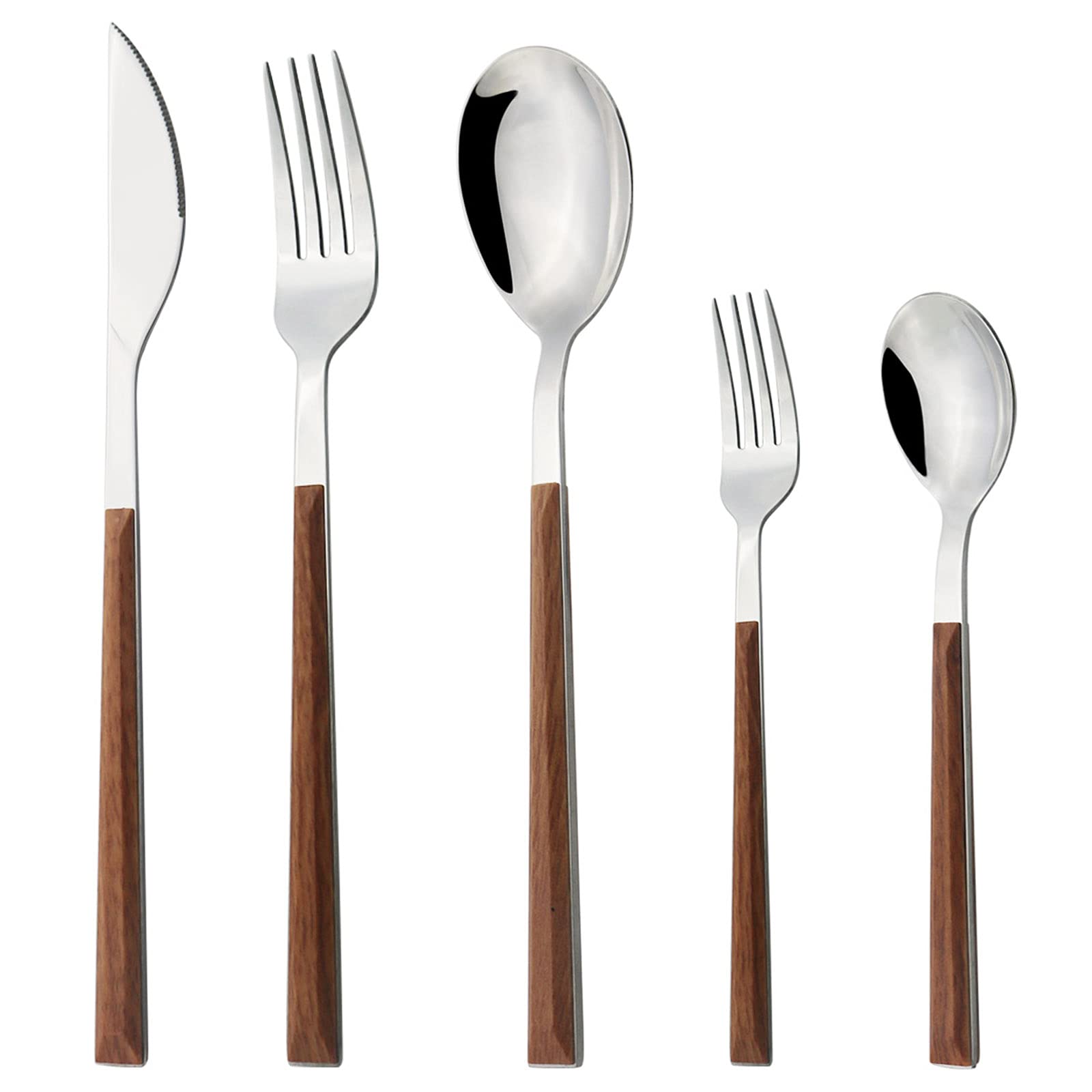 20-Piece Silverware Set with Brown Wood Pattern Handle - 18/8 Stainless Steel Cutlery Set for 4 - Includes Forks, Spoons & Knives - Mirror Polished Portable Travel Tableware for Home, Kitchen, Party & Outdoor Dining