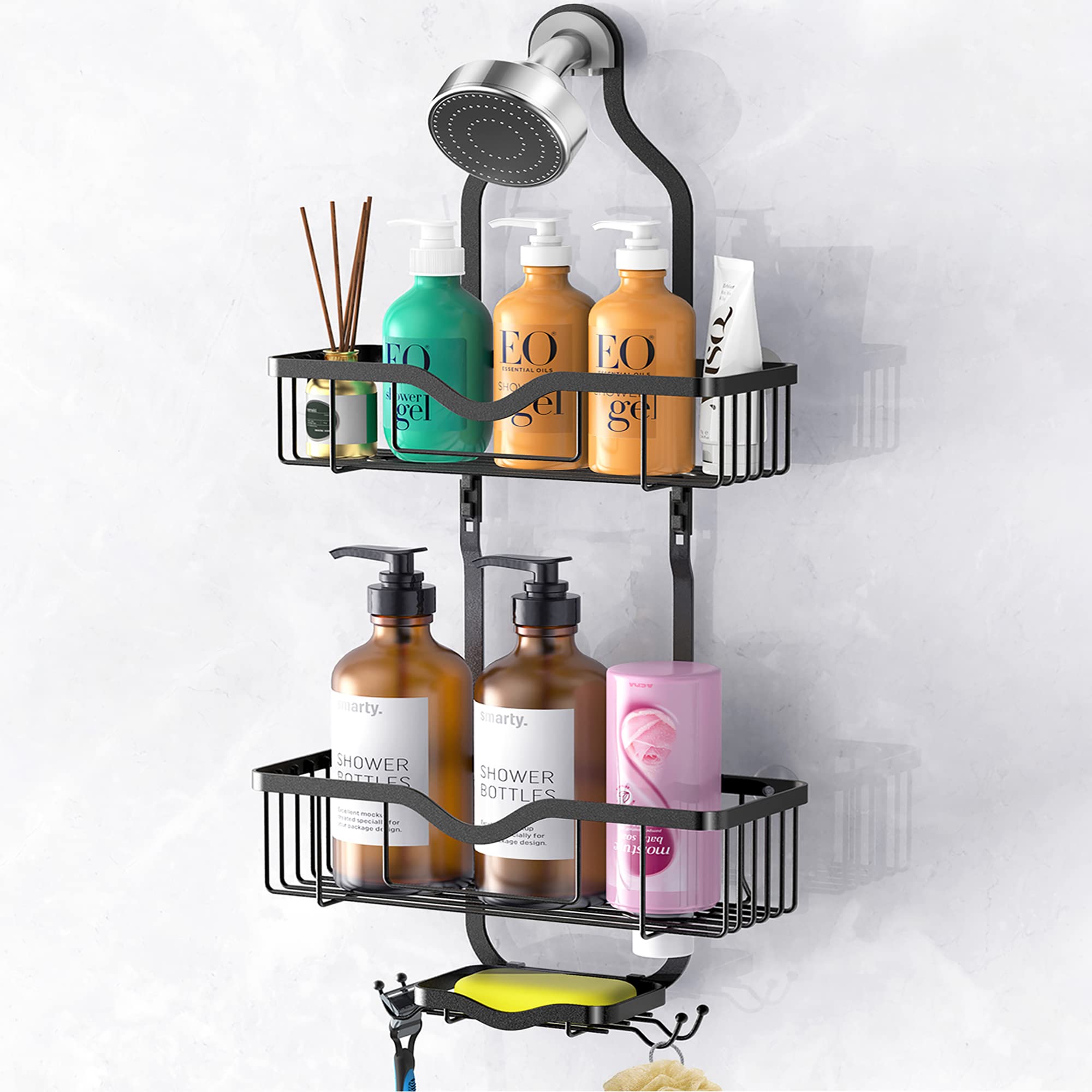 Kerisgo Adjustable Overhead Shower Caddy Organizer with Soap Dish - Rustproof Bathroom Storage Rack for Shampoo, Conditioner, Razor & Sponge - Perfect for Small Showers & Apartment Bathrooms (Black)