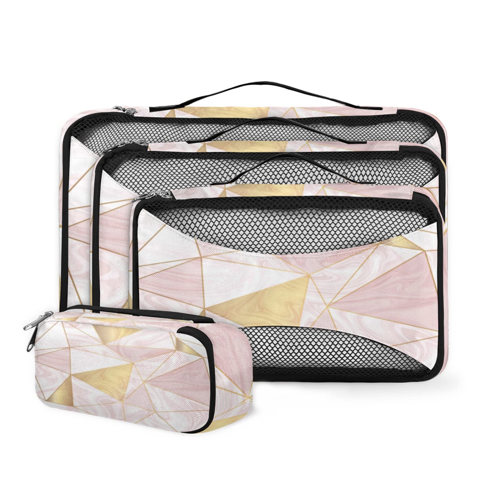 Marble Geometric 4-Piece Packing Cubes Set - Lightweight Travel Organizers for Suitcases | Space-Saving Luggage Accessories for Business Trips & Vacations