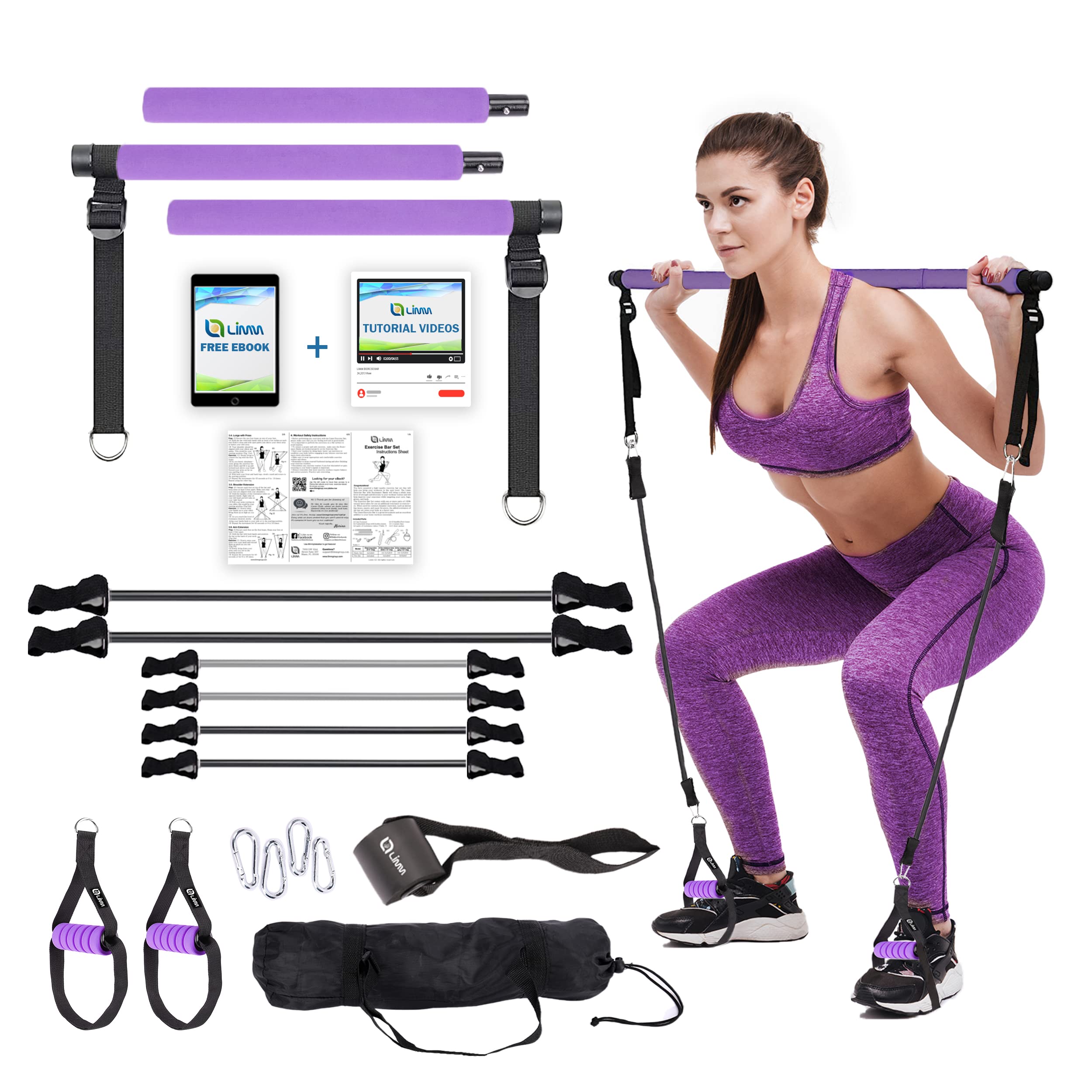 Limm Pilates Bar Kit - 3-Section Adjustable Yoga Stick for Home Workouts, Strength Training & Stretching - Portable Exercise Equipment with Resistance Bands for Men & Women - Perfect for Yoga, Pilates, Toning & Full Body Fitness at Home or Gym