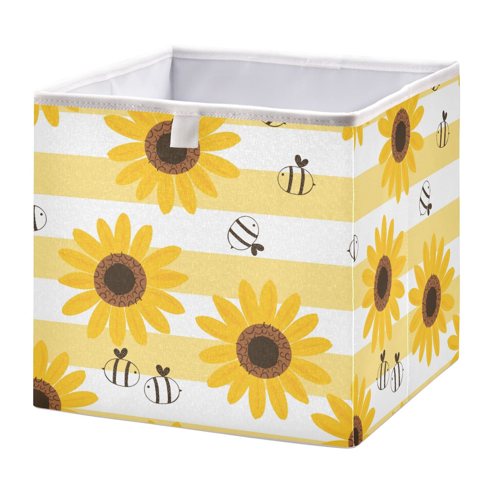ALAZA Foldable Storage Cubes Organizer with Handles - Sunflower Bee Cartoon Pattern in White & Yellow Stripe - Perfect for Closet, Shelf, Home & Office Organization - Ideal for Kids' Room, Dorm, and Travel Storage