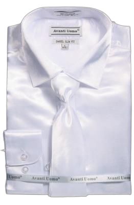 AVANTI UOMO Men's Slim Fit Satin Dress Shirt with Tie - White (DNS06) | Perfect for Weddings, Business Meetings & Formal Events