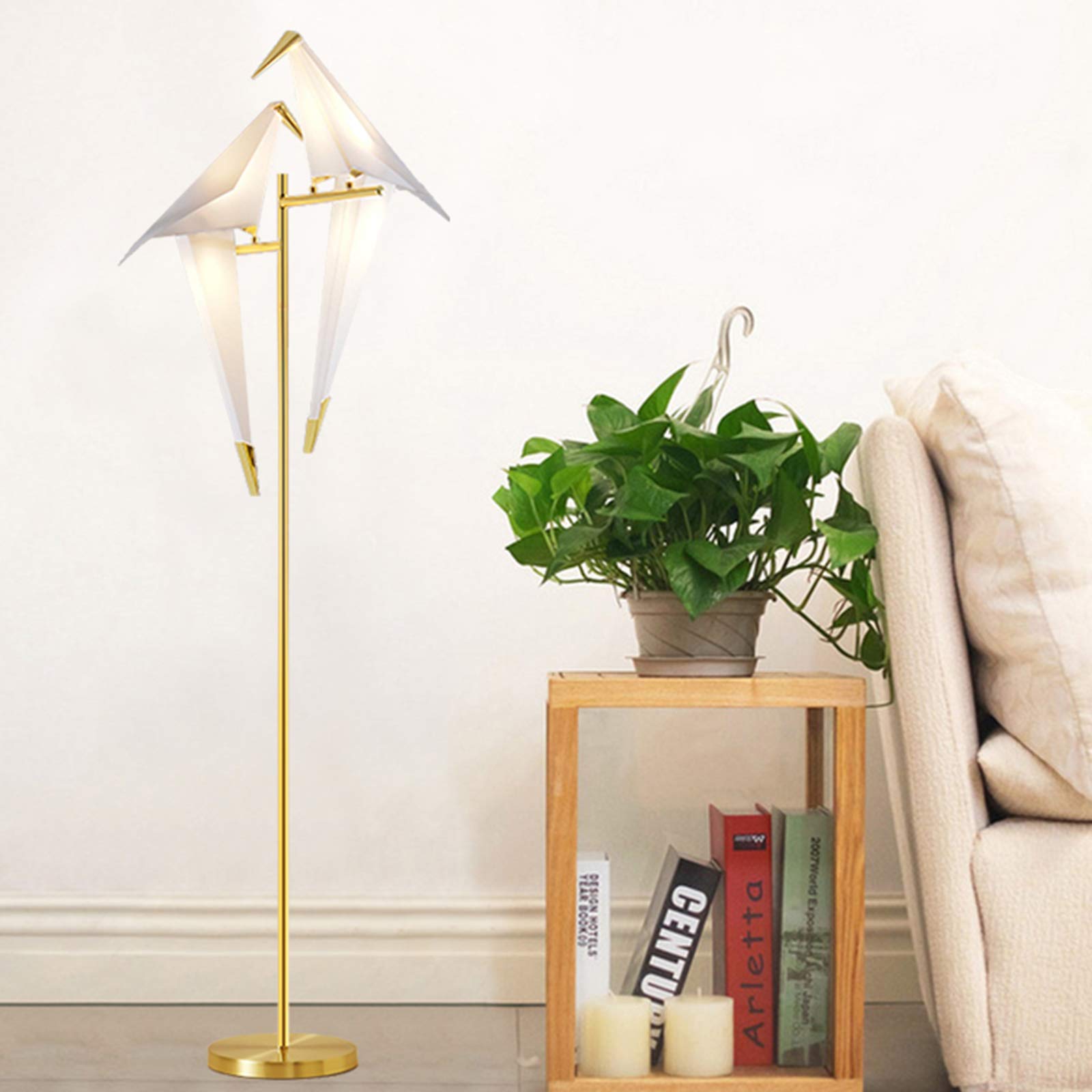 Modern LED Floor Lamp with Gold Metal Paper Crane Design - 2 Birds Standing Loft Light with PP Lampshade for Living Room, Bedroom, Dining Room & Office - Perfect for Reading Corner, Home Decor and Ambient Lighting