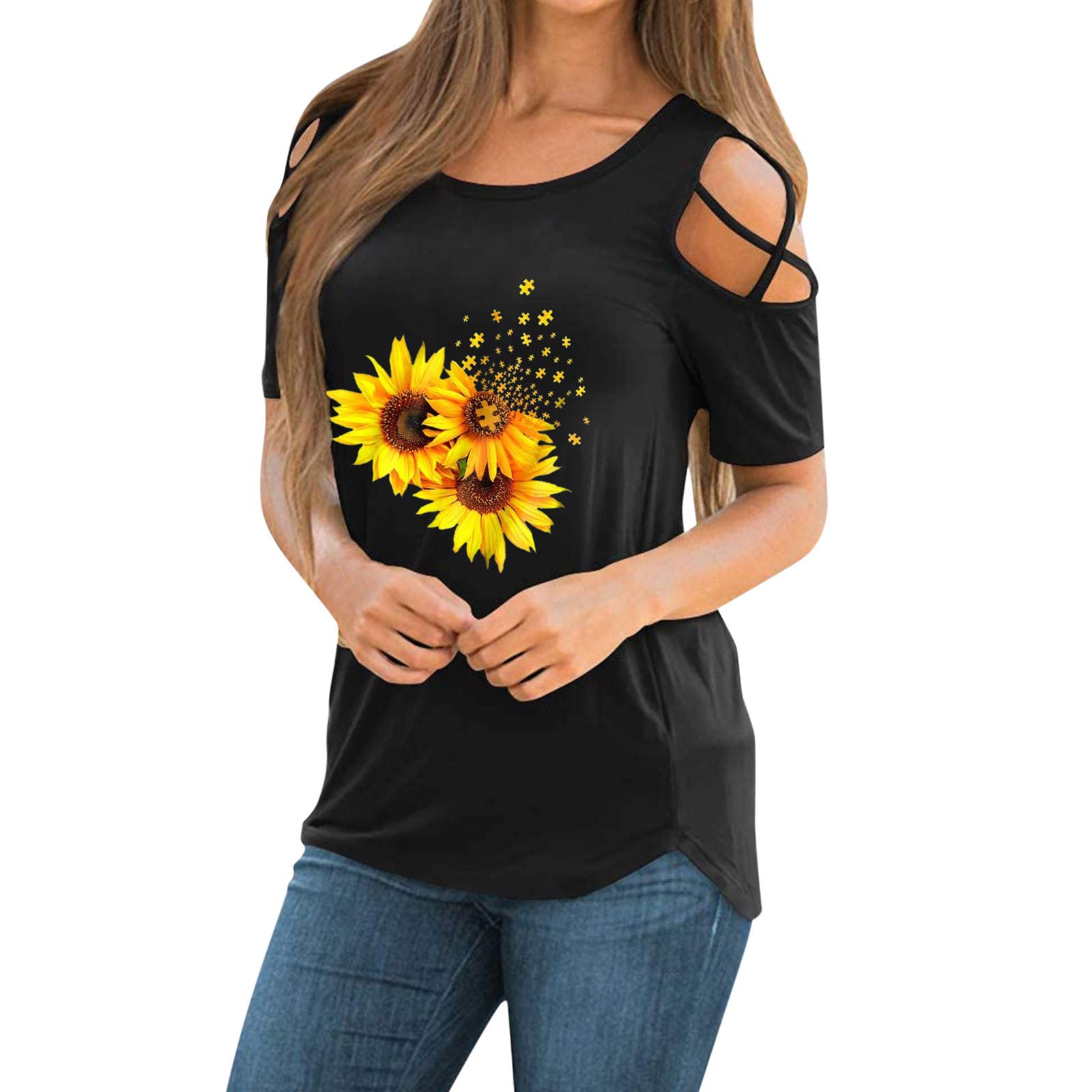 Women's Short Sleeve Cold Shoulder T-Shirt - Strappy Blouse Top for Casual Wear, Summer Outfits & Date Nights | Breathable Cotton Fashion Tee for Women
