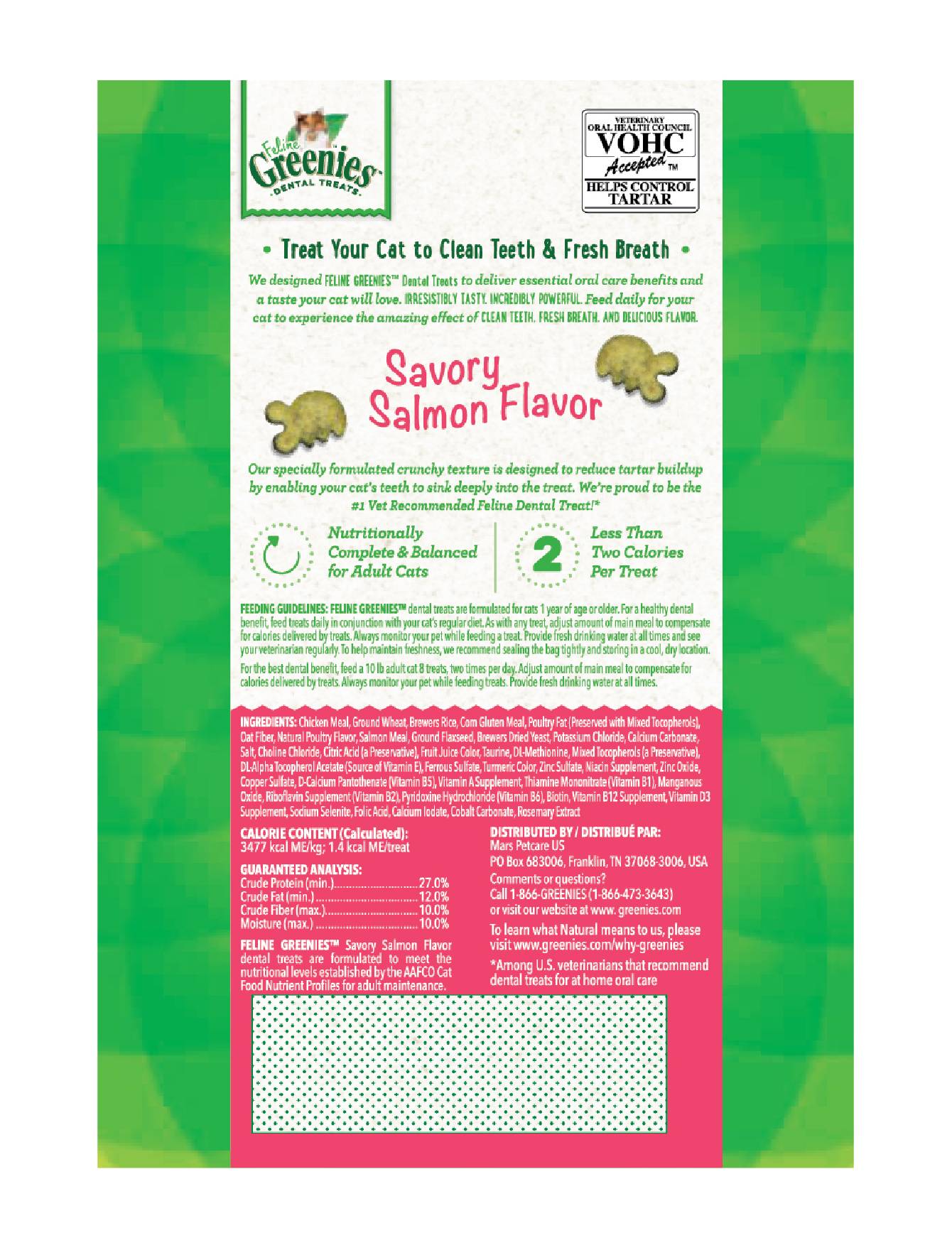 Greenies Feline Dental Treats for Cats - Natural Salmon Flavor, 60g | Tartar Control Cat Snacks for Fresh Breath & Healthy Teeth - Perfect for Daily Oral Care Routine