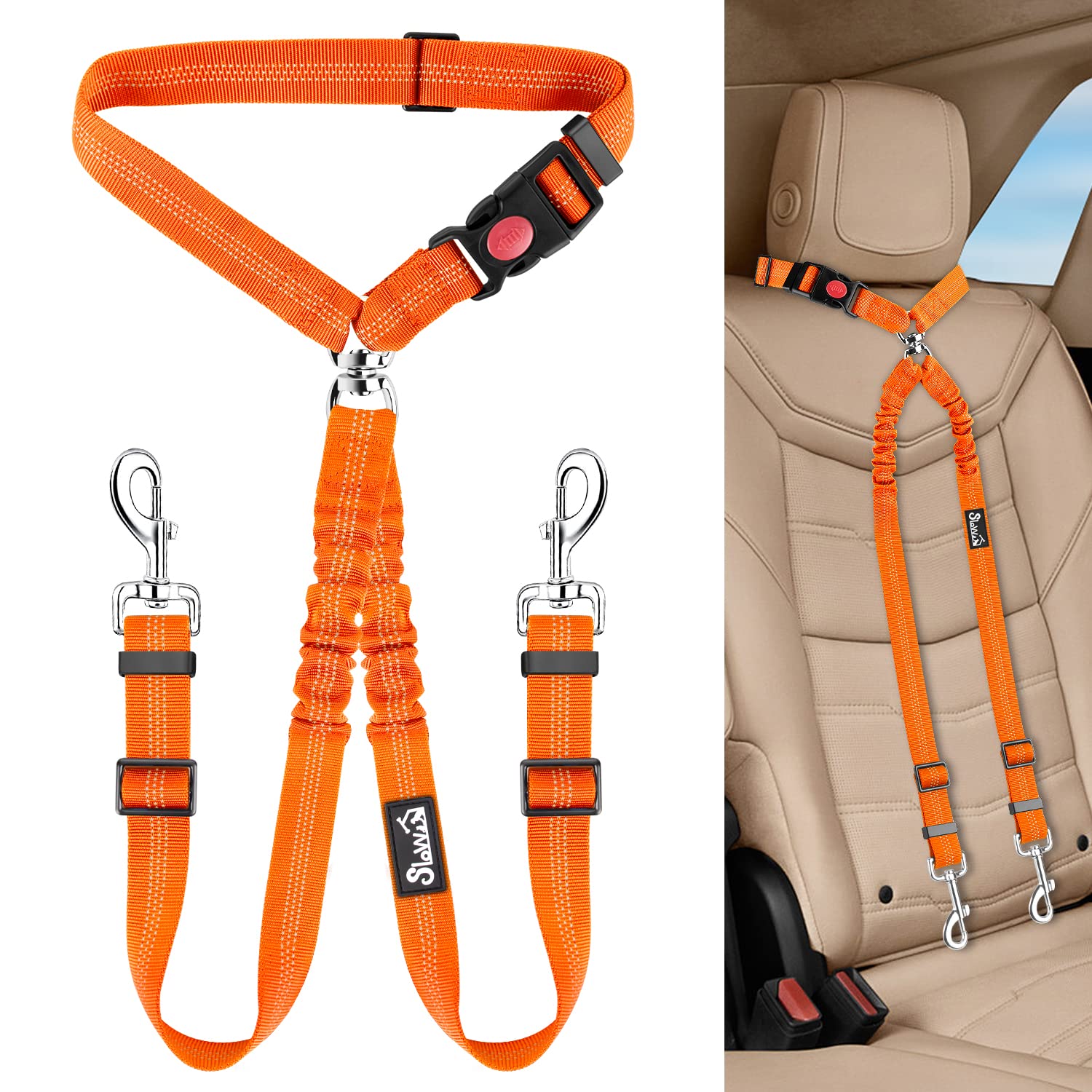 Lukovee Double Dog Seat Belt - Adjustable No Tangle Pet Car Safety Harness for 2 Dogs | Dual Headrest Restraint with Elastic Bungee Leash | Perfect for Road Trips, Vet Visits & Family Travel with Pets (Orange)