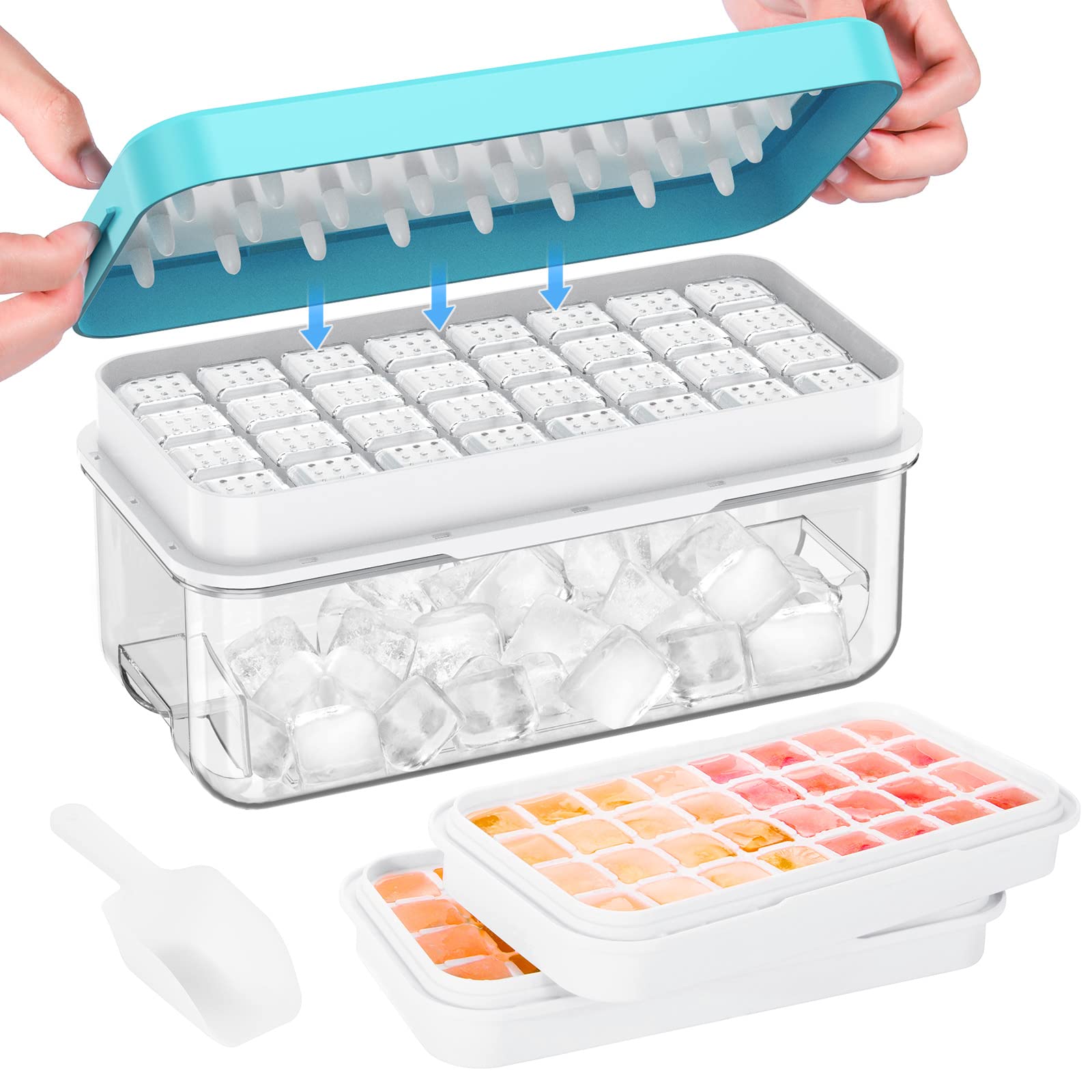 PHINOX 64-Piece Ice Cube Tray Set with Lid & Storage Bin - 2 BPA-Free Freezer Ice Trays, Container & Scoop for Cocktails, Smoothies & Party Drinks