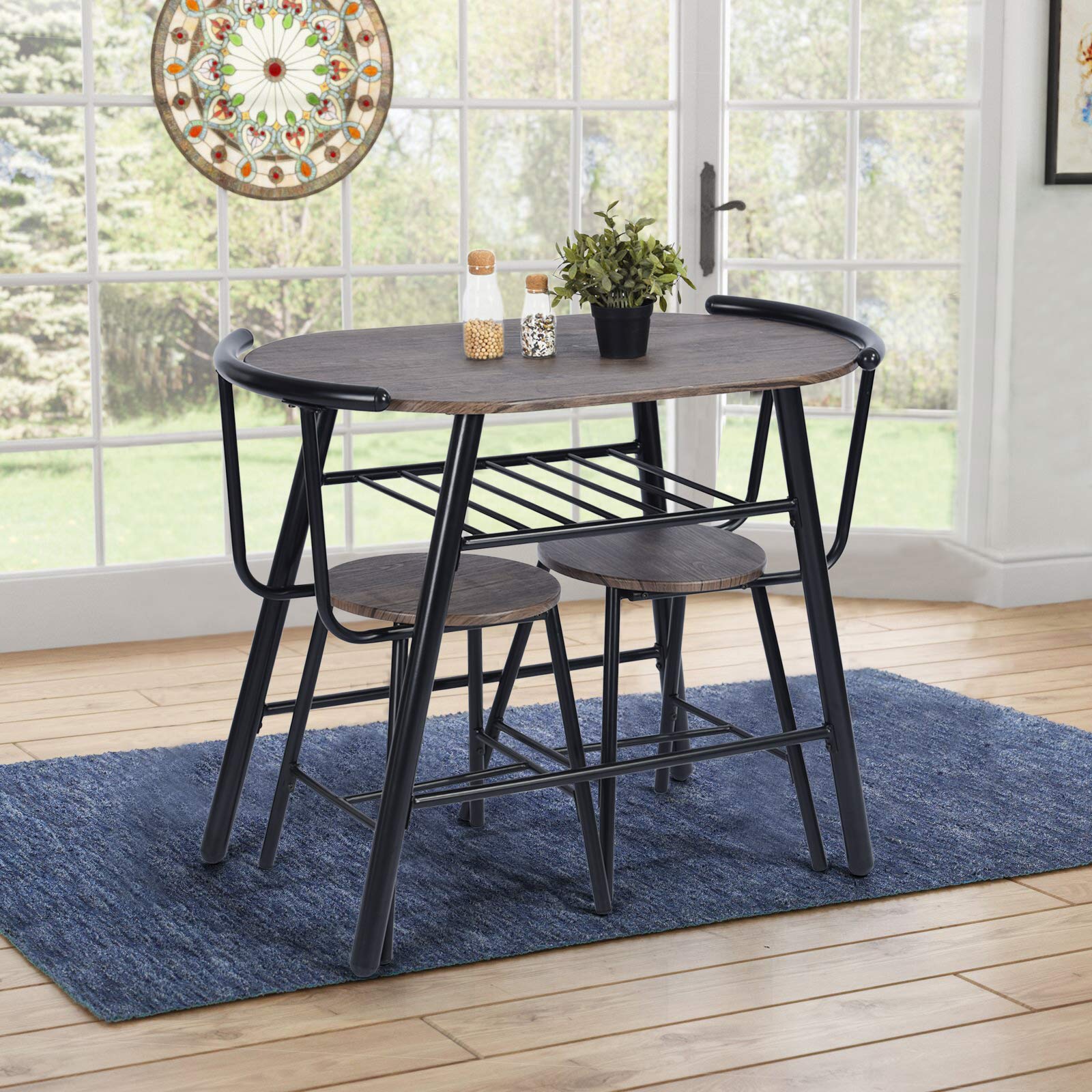 Industrial Metal Round Dining Table Set with 2 Chairs - Space Saving 3-Piece Kitchen & Dining Room Furniture in Brown | Perfect for Small Apartments & Cozy Breakfast Nooks