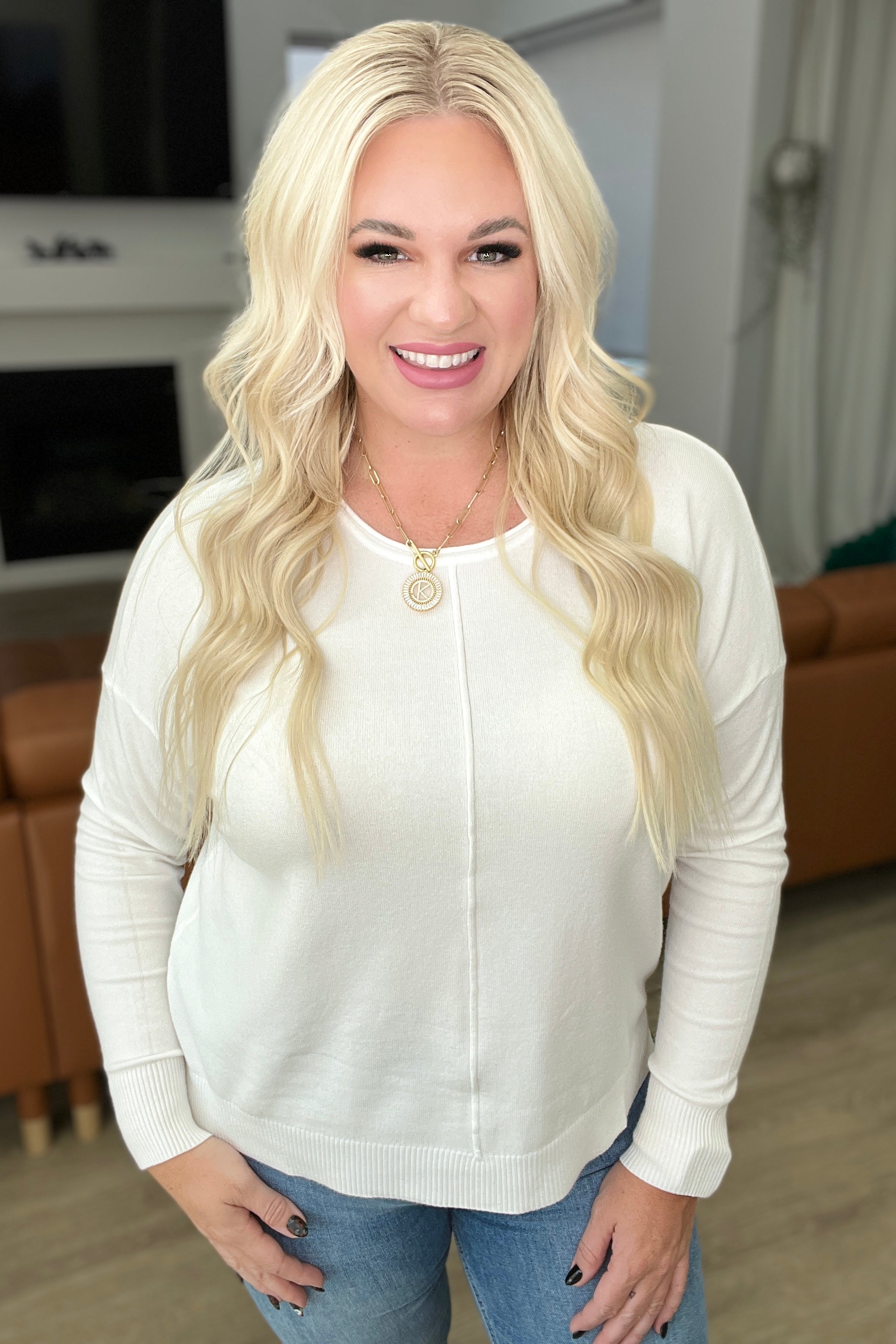 Ivory Front Seam Round Neck Sweater for Women - Cozy Knit Pullover for Fall & Winter | Perfect for Casual Outfits, Office Wear & Layering