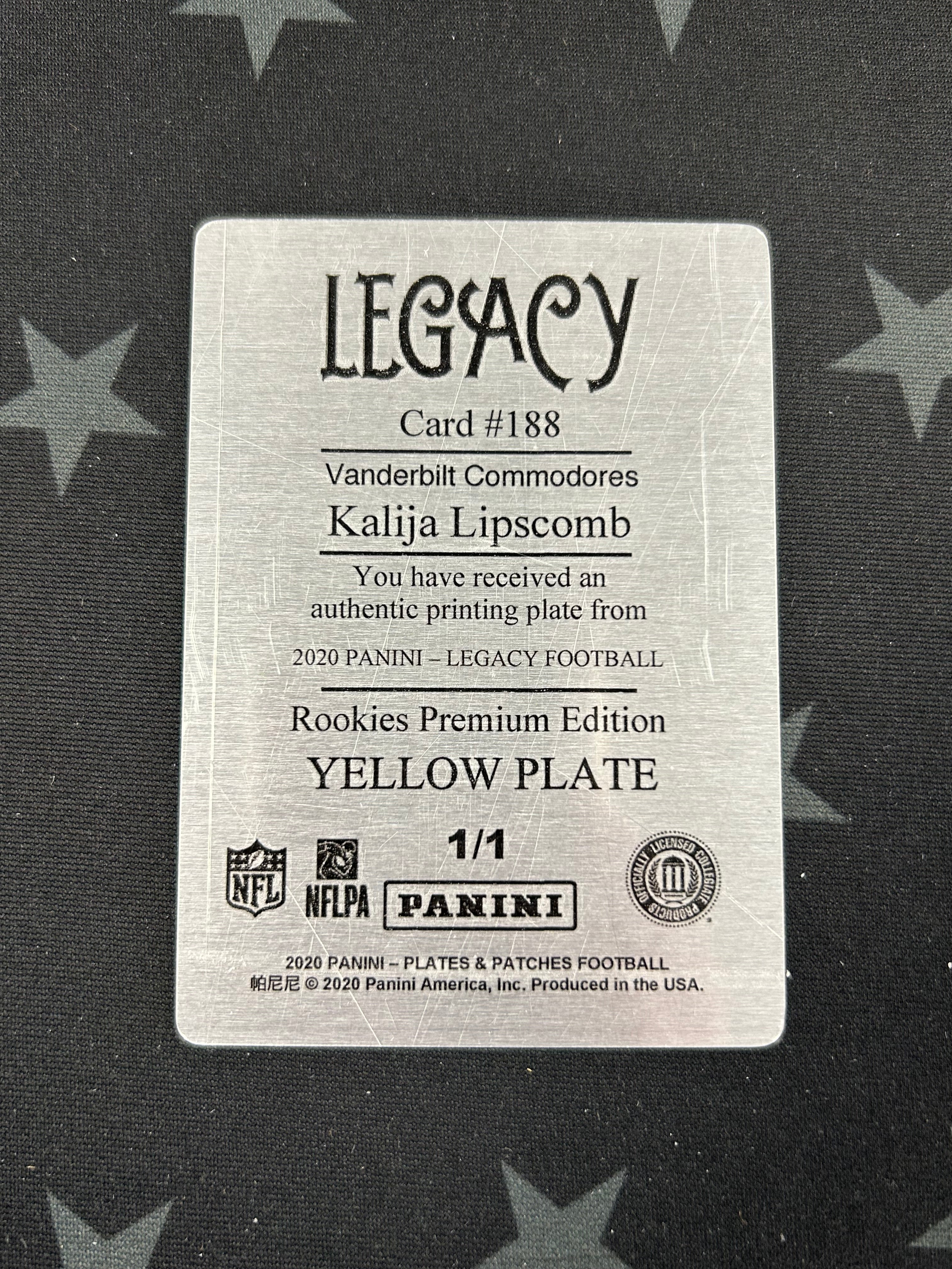 2020 Panini Plates & Patches Football Kalija Lipscomb Yellow Plate #188 1/1 - Rare Collectible for NFL Fans & Sports Memorabilia Enthusiasts