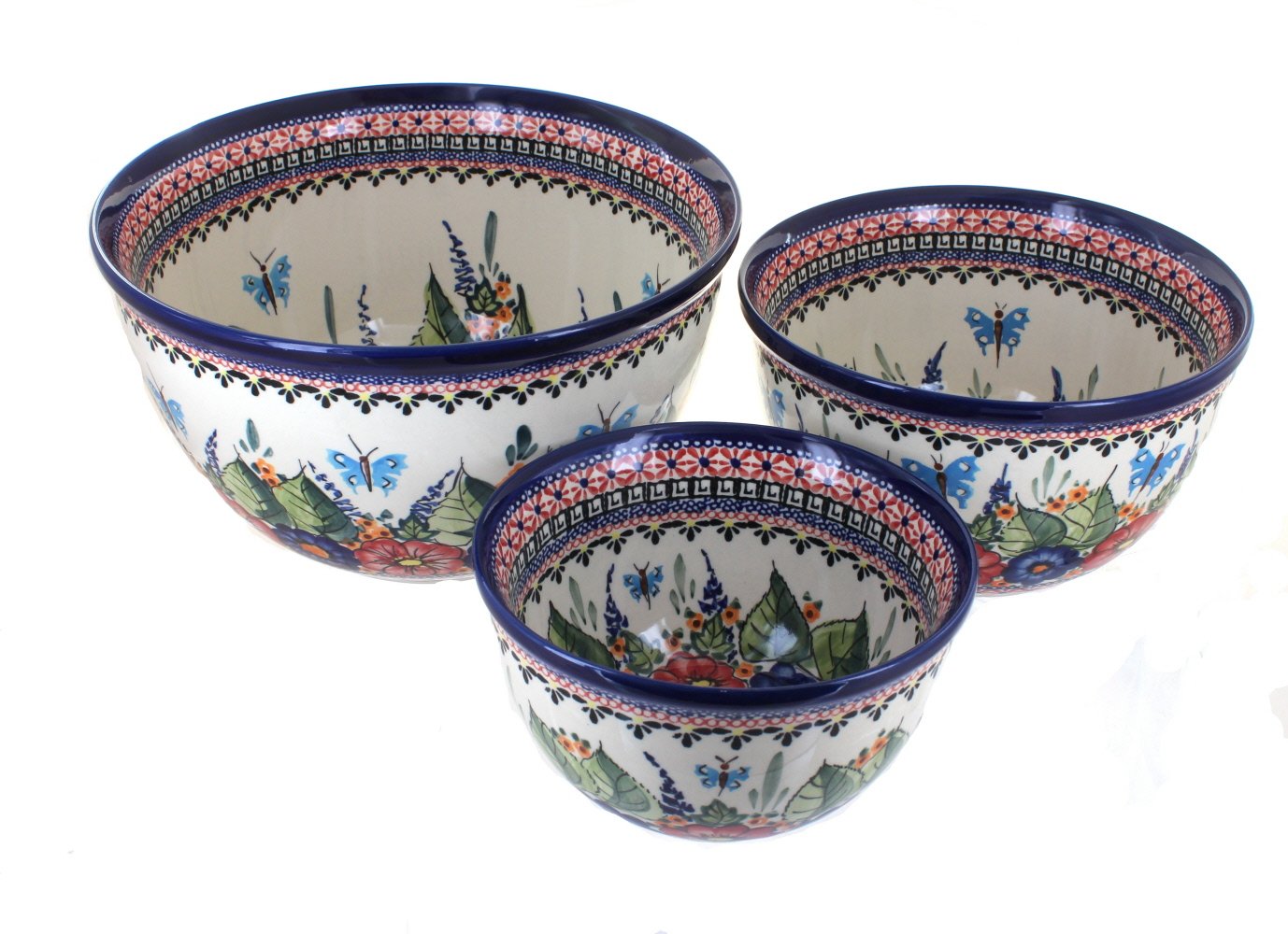 Handmade Blue Rose Polish Pottery Mixing Bowl Set with Floral Butterfly Design - Perfect for Baking, Mixing Ingredients & Kitchen Decor