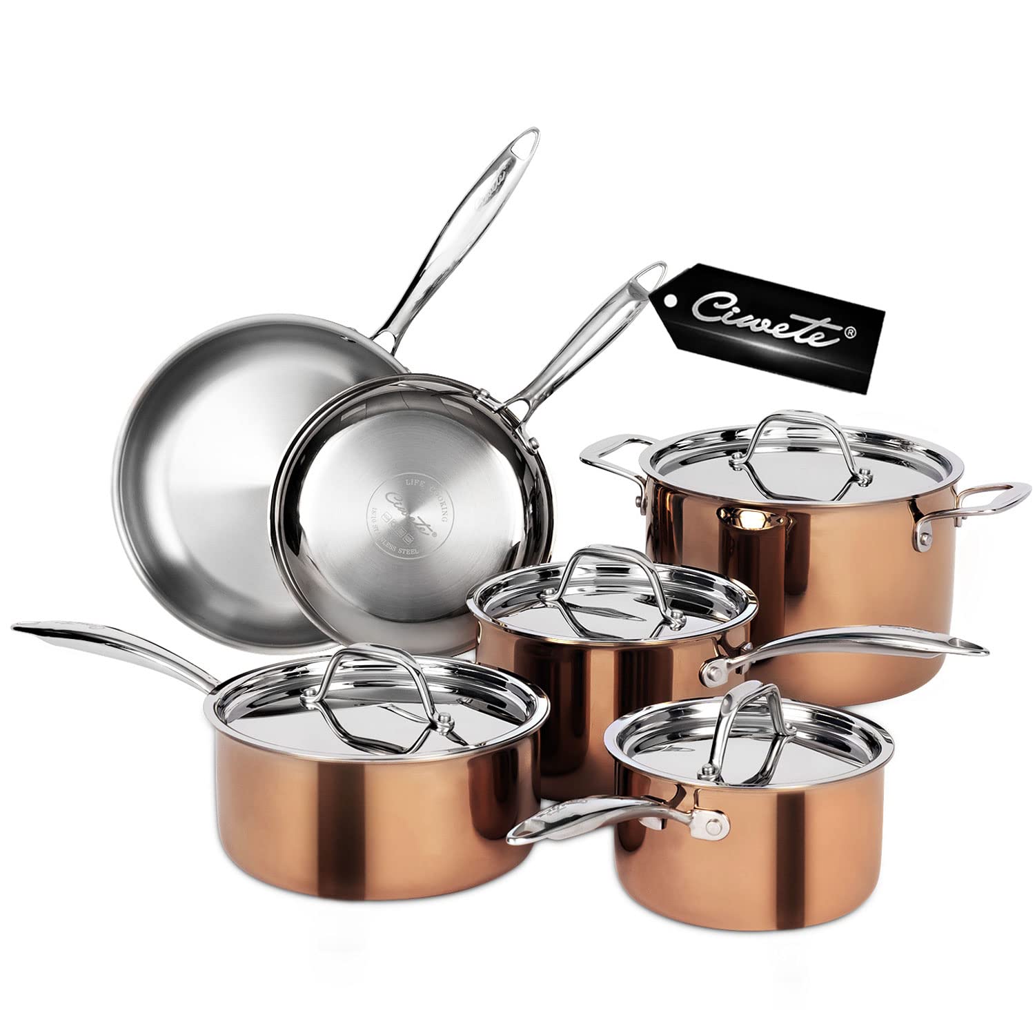 Premium 10-Piece Ciwete Copper Tri-Ply Cookware Set - 18/10 Stainless Steel Pots & Pans with Lids - Healthy Cooking for Home Chefs - Includes Stock Pot, Saucepan & Frying Pan - Perfect for Soups, Stews & Everyday Meals