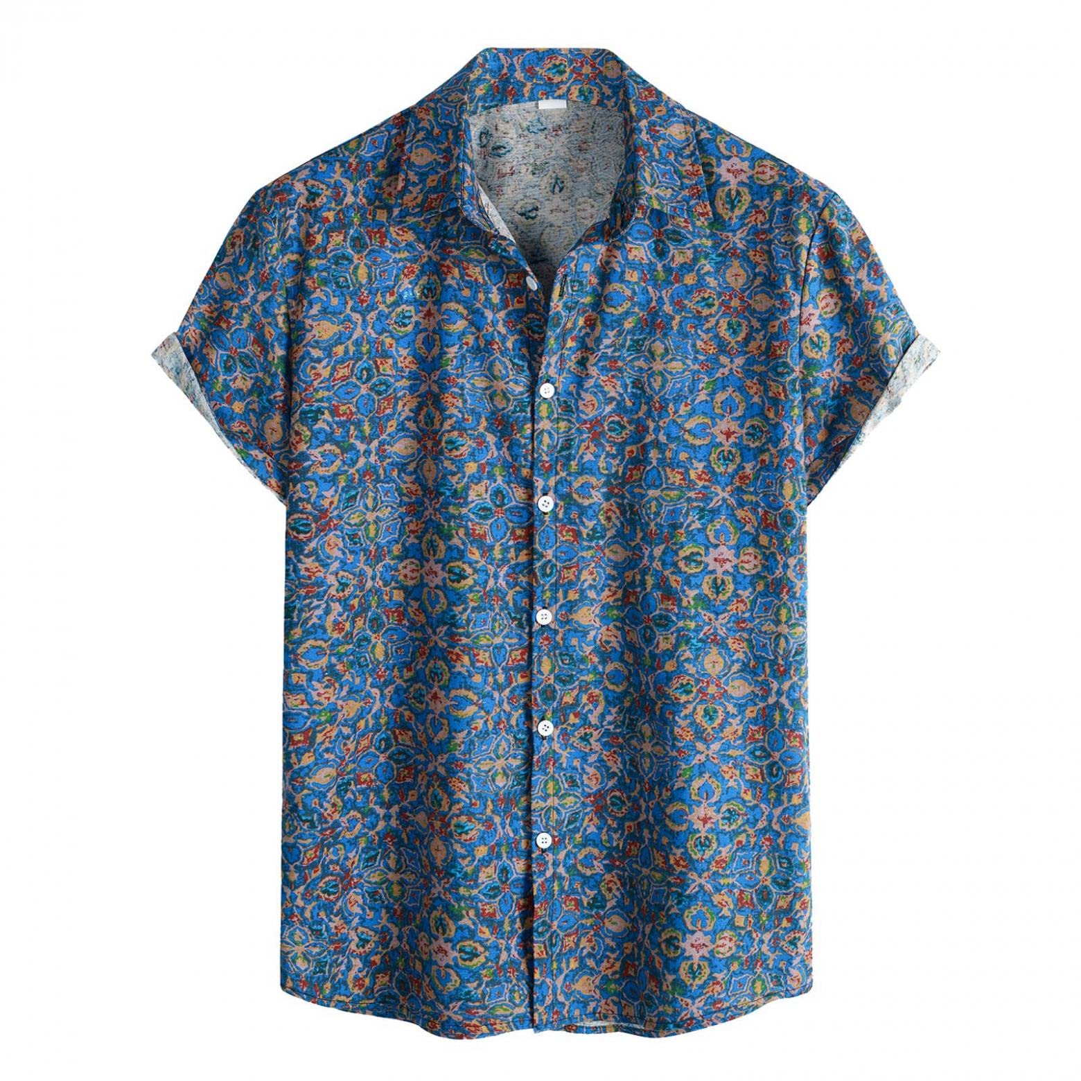WUAI Men's Cotton Linen Hawaiian Shirt - Short Sleeve Tropical Floral Button Down Beach Shirt for Summer | Relaxed-Fit Casual Top for Vacation, Party & Outdoor Activities