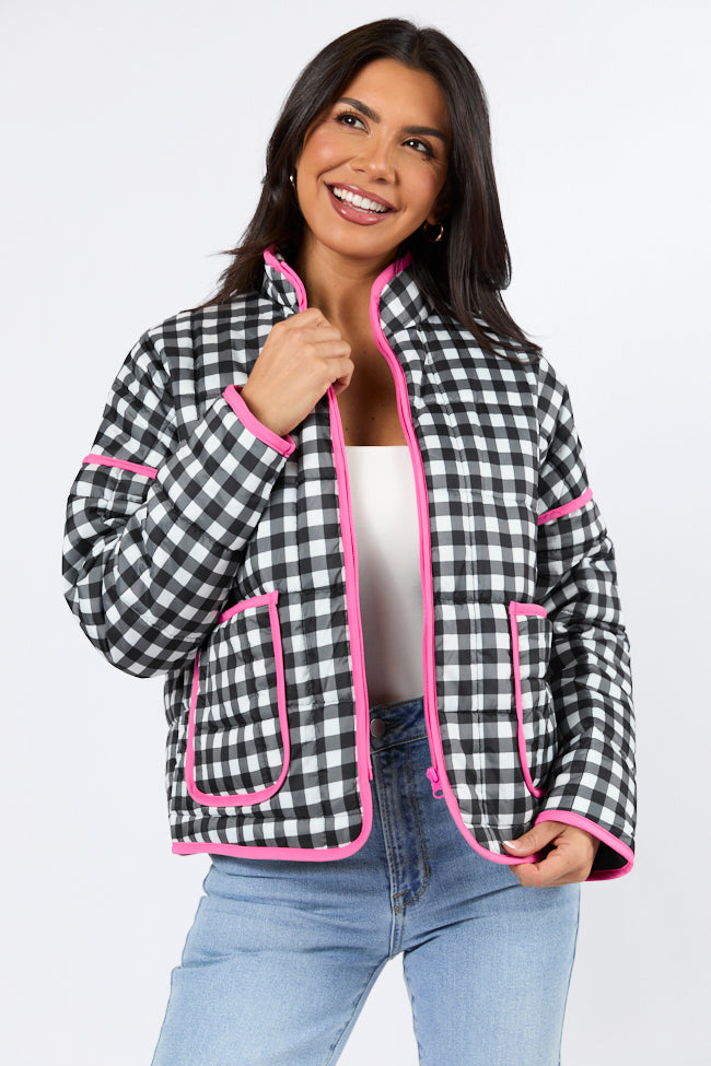 Going For It Black Gingham Printed Zip Up Jacket - Stylish Casual Outerwear for Men & Women | Perfect for Spring, Fall & Layering Outfits