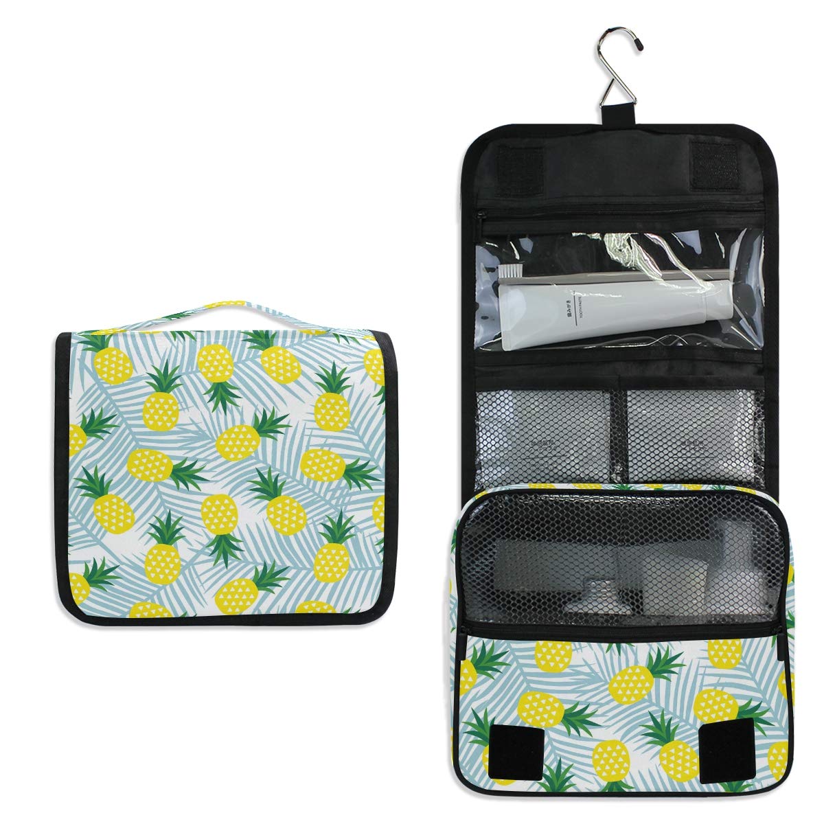 AGONA Hanging Toiletry Bag - Waterproof Travel Cosmetic Organizer with Hook for Women & Men | Tropical Pineapple Palm Leaf Design | Perfect for Vacation, Camping, Gym & Bathroom Storage