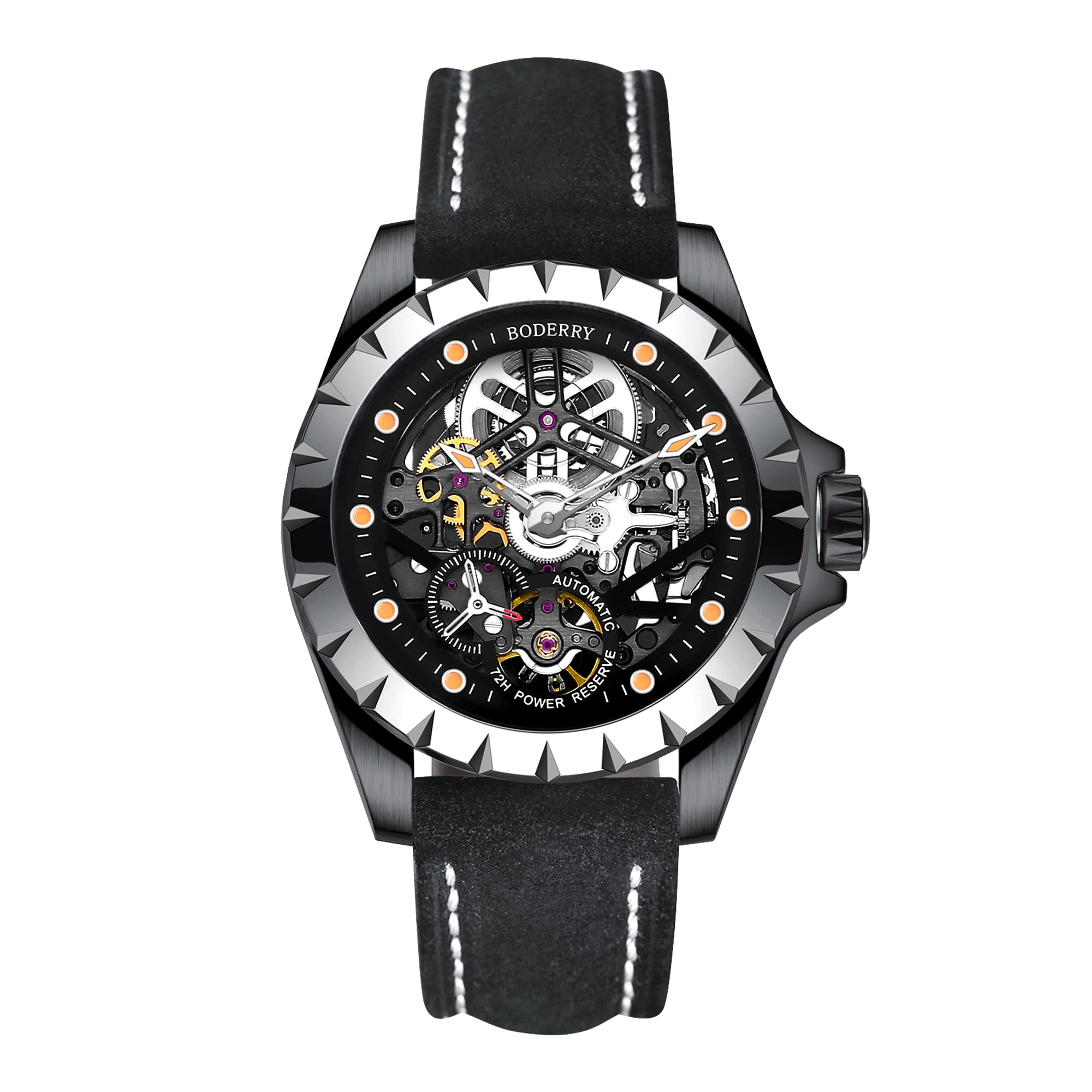 Premium Boderry Original Men's Automatic Mechanical Watch - Stainless Steel Skeleton Design, Waterproof, Self-Winding with Luminous Hands - 72H Power Reserve & Interchangeable Rubber/Leather Strap - Perfect for Business, Casual Wear & Outdoor Activities