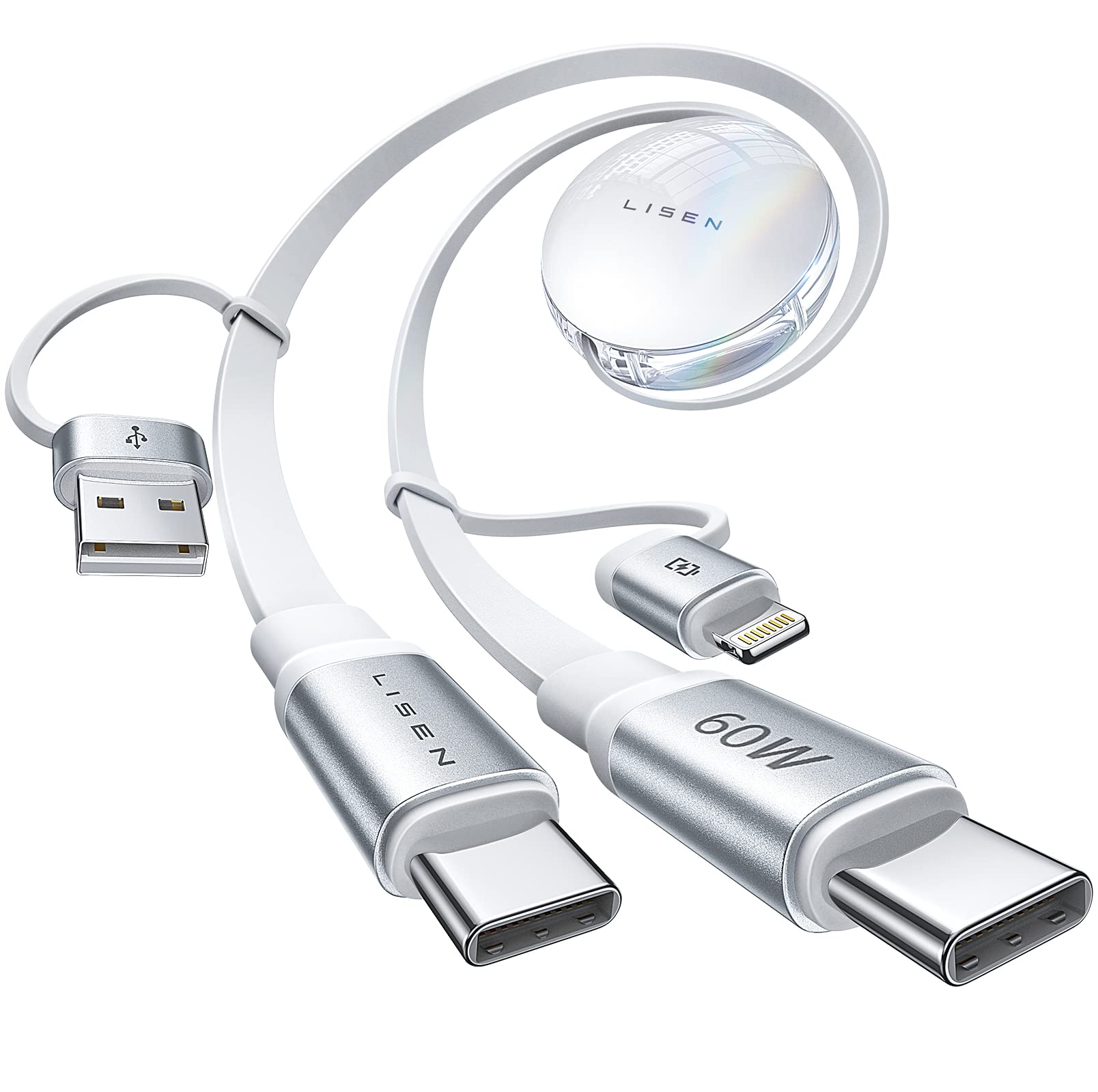 LISEN 5-in-1 Retractable USB C Charger Cable - 60W PD Fast Charging for iPhone 15/14, Samsung Galaxy S24+, iPad, Laptop - Compact Travel Charging Cord for Home, Office & Car Use