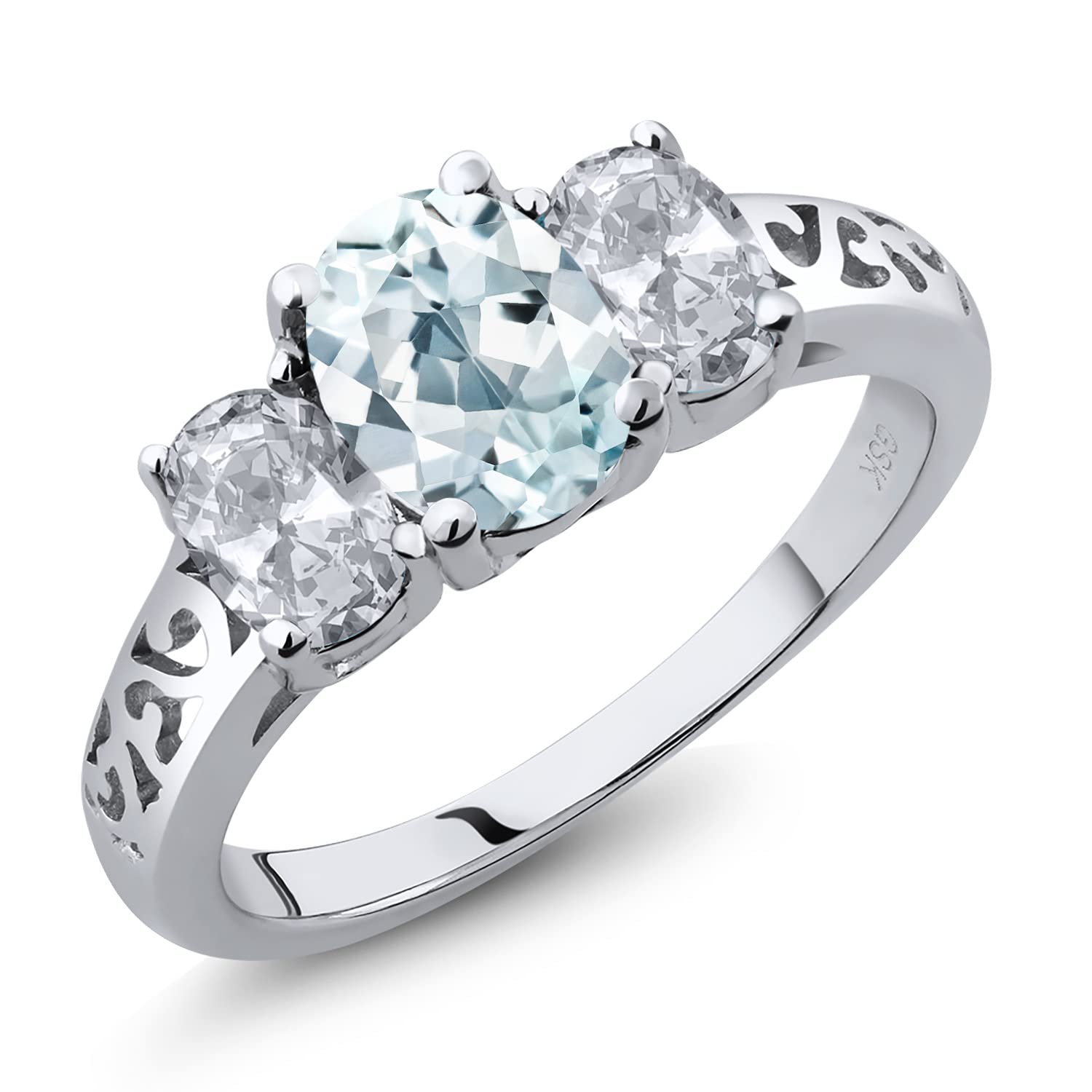 2.10 Ct Oval Sky Blue Aquamarine & White Topaz 925 Sterling Silver 3-Stone Ring for Women - Elegant Birthstone Jewelry Gift for Mother's Day, Anniversary & Special Occasions