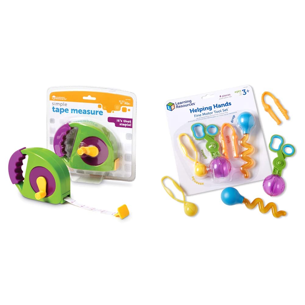 Learning Resources Simple Tape Measure - Retractable Toy Tape Measure for Kids, Measures 4 Feet, Construction Toy for Ages 3+ & Helping Hands Fine Motor Tool Set - 4 Piece Educational Toys for Toddlers | Perfect for STEM Learning, Classroom Activities, and Early Childhood Development