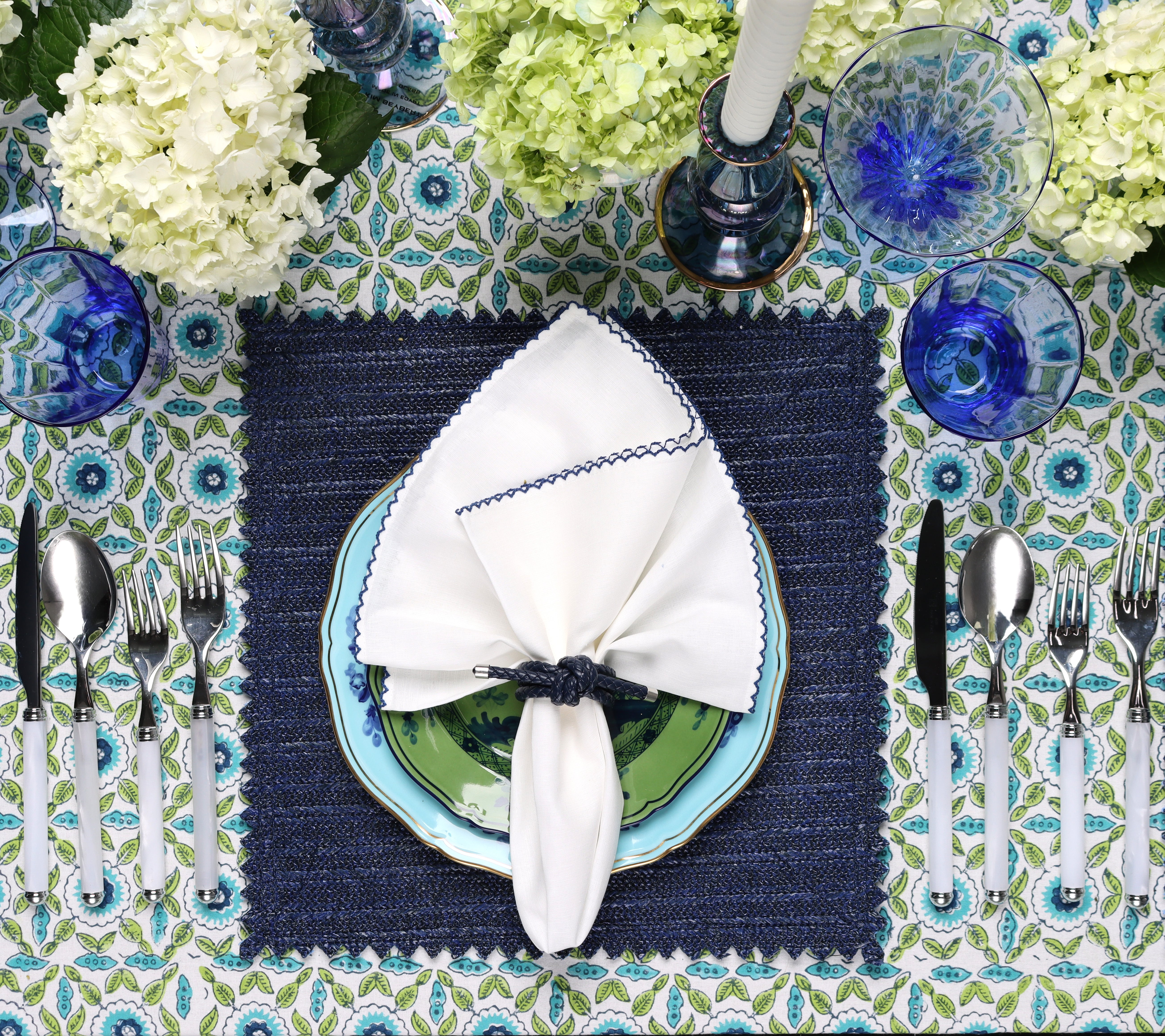 Majorelle White Blue Green Tablecloth - Elegant Cotton Table Cover for Dining, Kitchen, and Outdoor Picnics