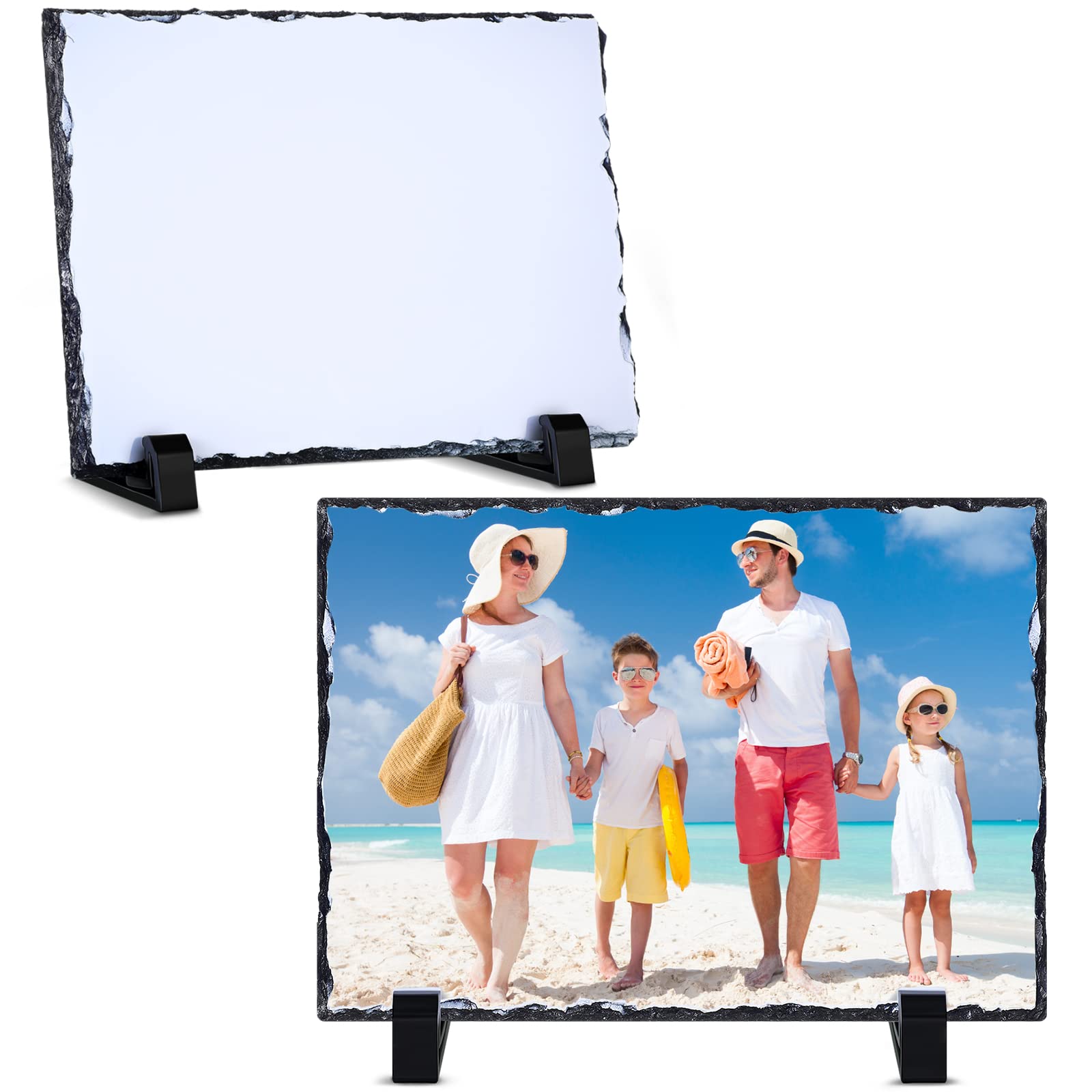 2-Pack Sublimation Blank Slate Rock Stone Photo Frames - 6 x 7.9 Inch Heat Transfer Rectangular Picture Frames with Display Stand for Heat Press Machine - Perfect for DIY Crafts, Home Decor, and Personalized Gifts