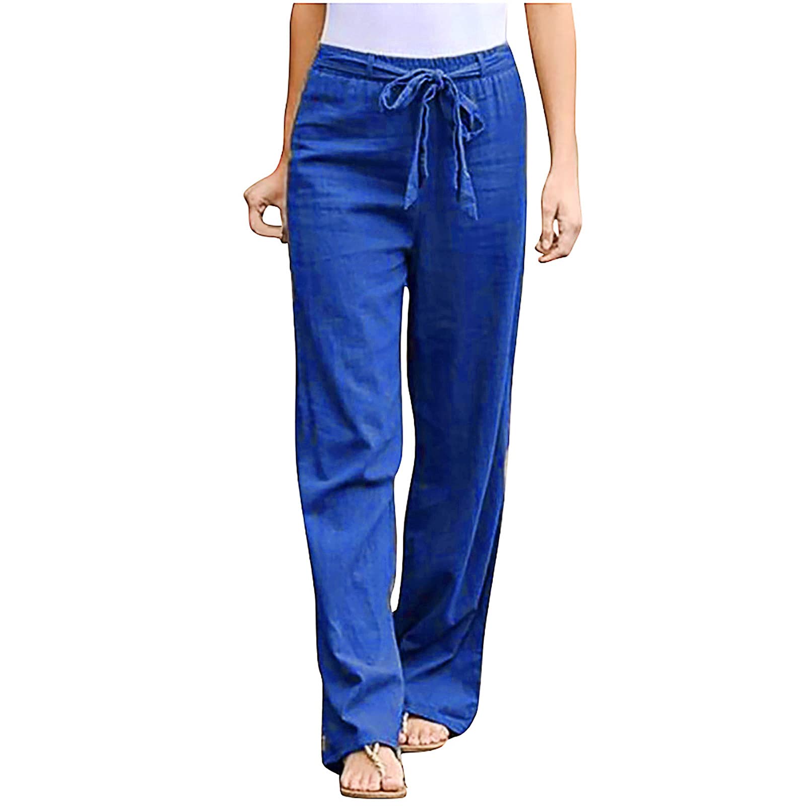 Women's Linen Pants - Solid Color Casual Straight Leg Trousers with Sash | Comfortable Summer Pants for Beach, Travel & Everyday Wear