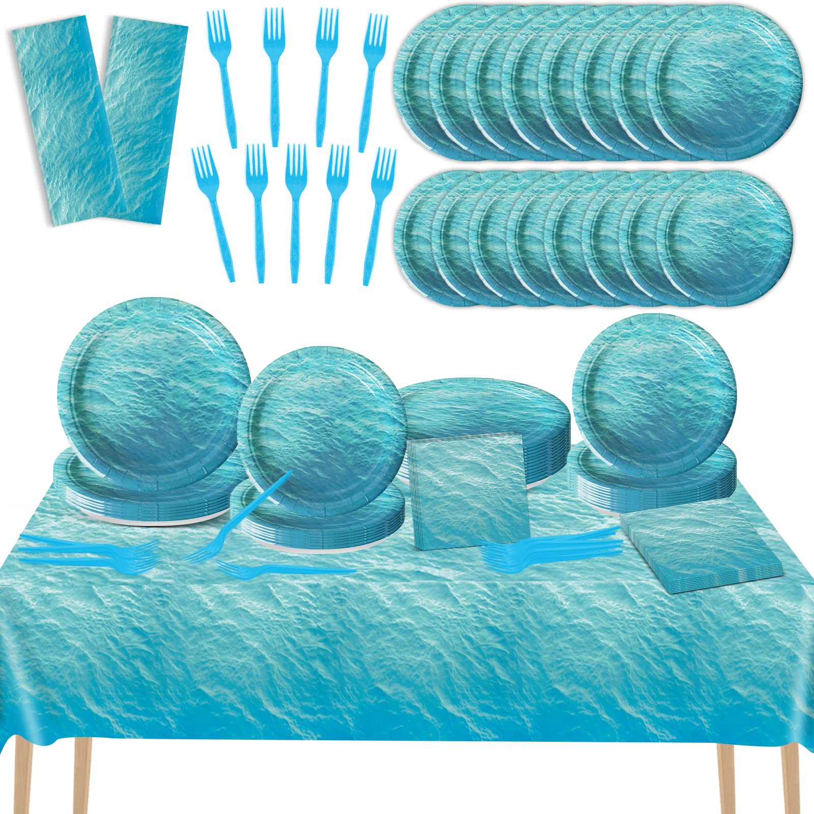 98-Piece Ocean Sea Party Supplies Set - Ocean Waves Party Plates, Tablecloth, Tableware, Paper Forks & Napkins for 24 Guests - Perfect for Beach Themed Parties, Birthday Celebrations & Summer Events
