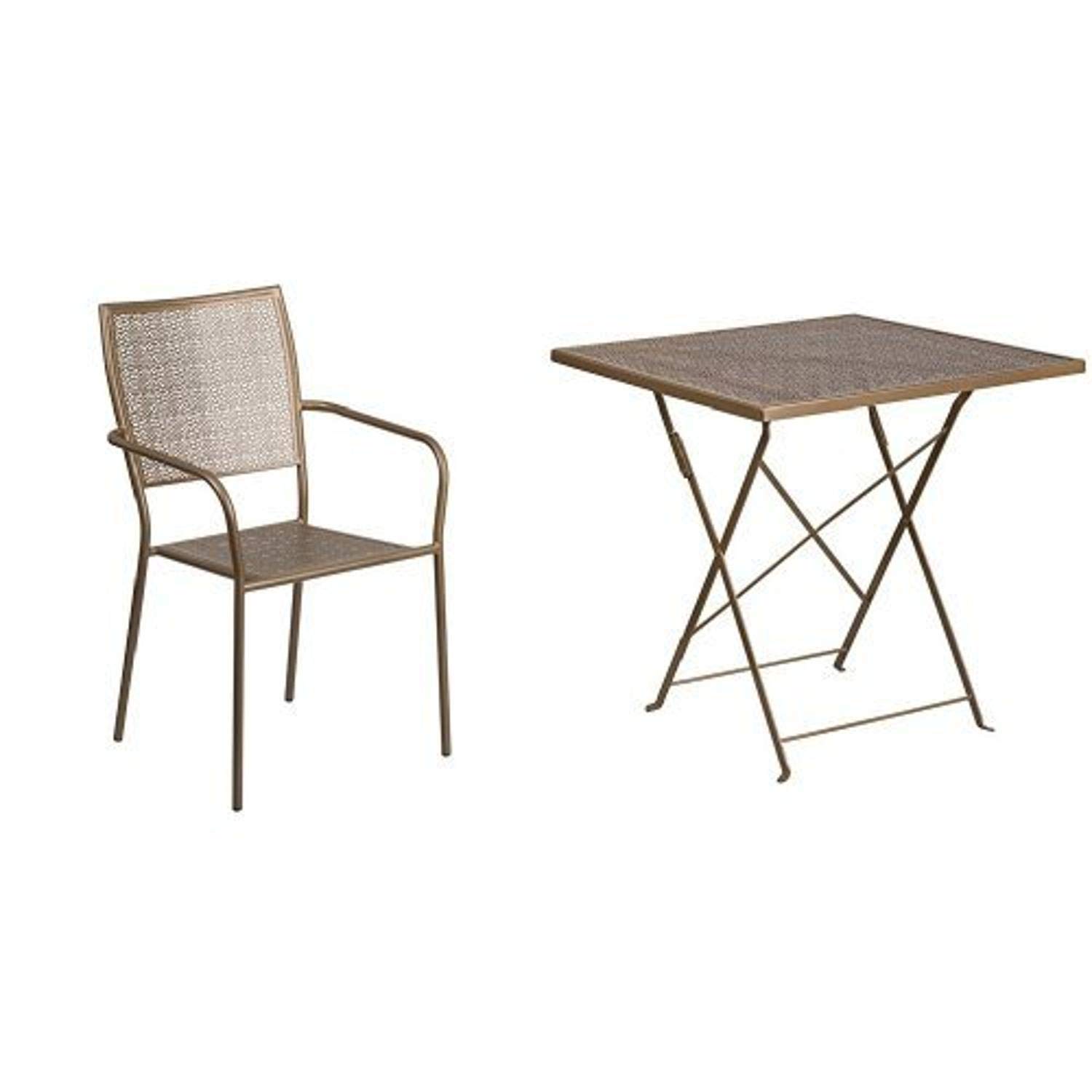 Flash Furniture 28'' Square Gold Indoor-Outdoor Steel Folding Patio Table Set with 4 Chairs - Perfect for Backyard, Garden, Poolside & Small Space Dining
