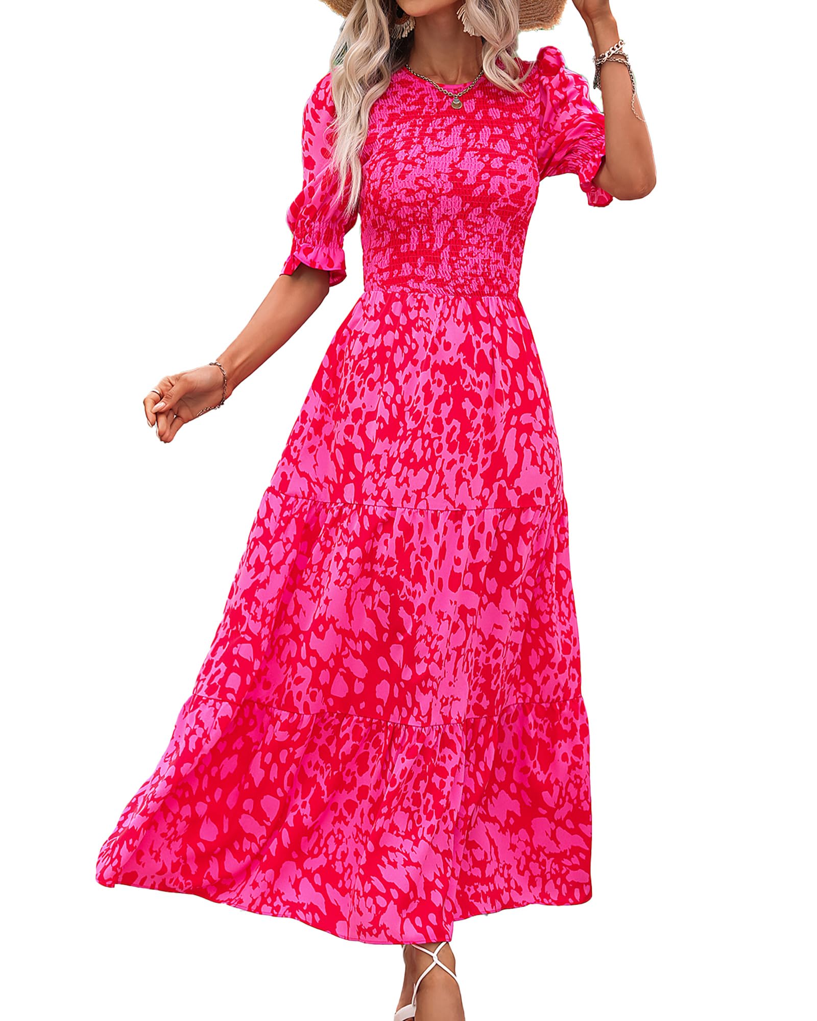 BTFBM Women's Floral Print Boho Maxi Dress - Summer & Spring Casual Dress with Crew Neck, Ruffles & Short Sleeves | Perfect for Beach Vacations, Date Nights & Outdoor Events