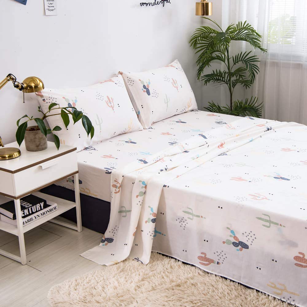 **PinkMemory Queen Size Cactus Print Bed Sheet Set - 100% Cotton 4-Piece (1 Flat Sheet, 1 Fitted Sheet, 2 Pillowcases) - Deep Pocket Durable & Soft - Perfect for Home, Dorm, or Guest Room**
