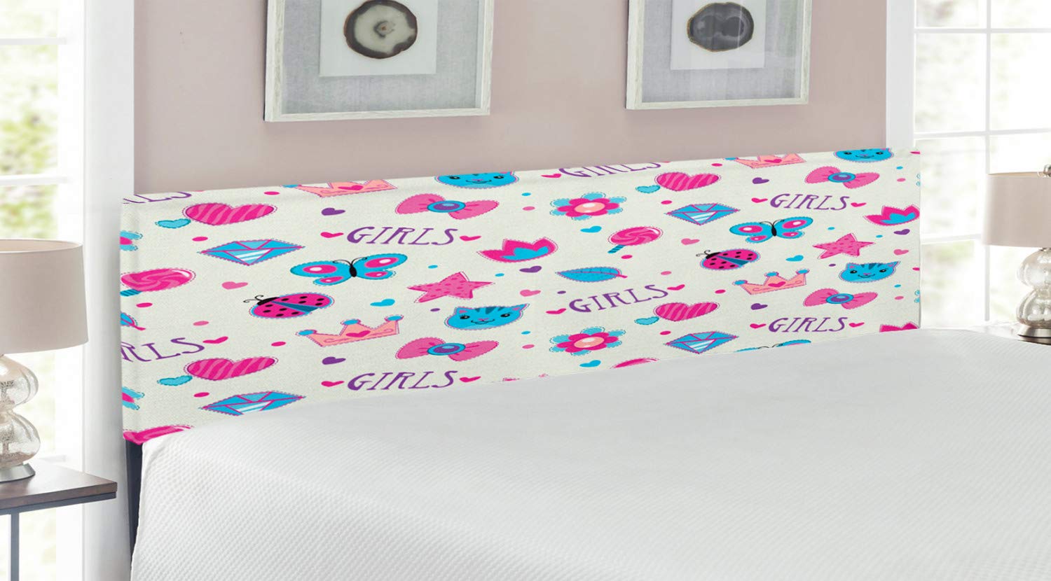 Ambesonne King Size Upholstered Headboard with Memory Foam - Feminine Floral Doodle Pattern Featuring Bowtie, Ladybug, Diamond & Kitty Designs in Fuchsia & Blue - Perfect for Bedroom Decor & Girls' Room Makeover