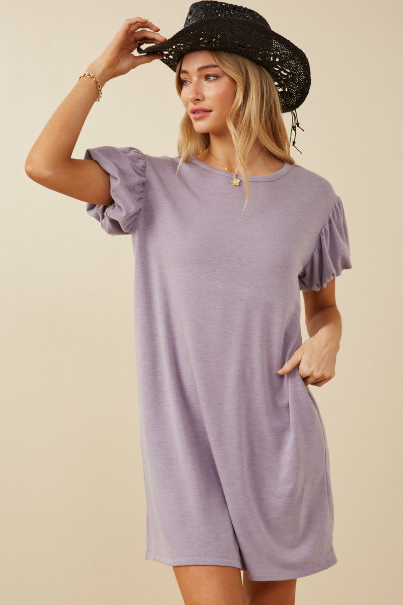 Stylish Gathered Puff Sleeve French Terry Knit Dress for Women | Comfortable Casual & Lounge Wear | Perfect for Brunch, Office, and Weekend Outings