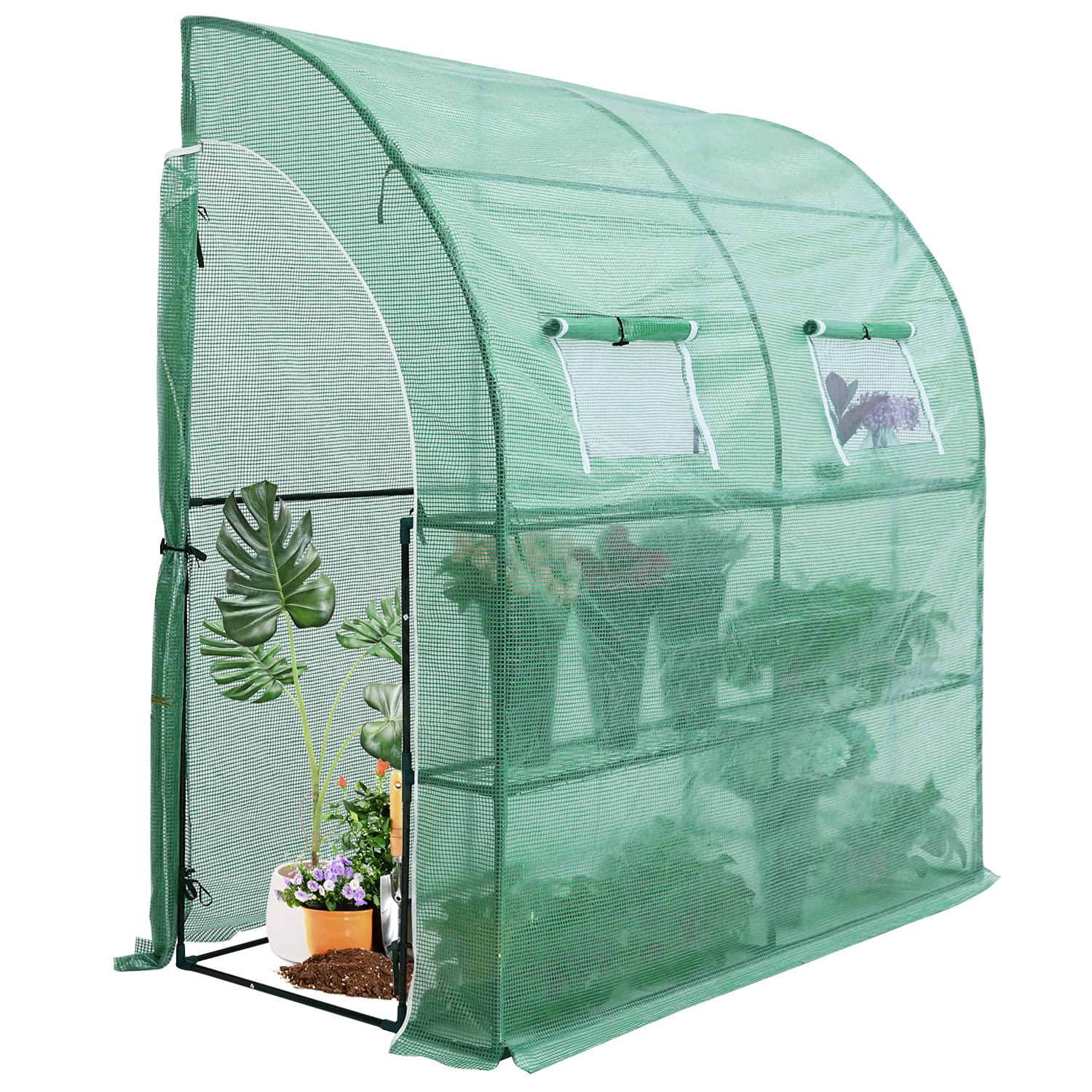ABCCANOPY Lean-to Walk-in Greenhouse for Indoor & Outdoor Gardening - Portable Greenhouse with 2 Tier 4 Shelves & Green PE Cover - Perfect for Backyard, Patio, Balcony & Small Space Gardening