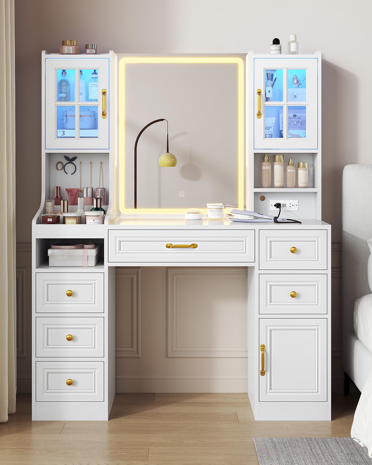 Vanity Desk with Mirror and Lights - Large Makeup Vanity with 6 Drawers, 7 Shelves, 2 RGB Cabinets & Power Outlet | 3 Light Modes & Touch Screen Mirror | Elegant White Dressing Table for Women Bedroom | Perfect for Makeup, Skincare & Jewelry Organization