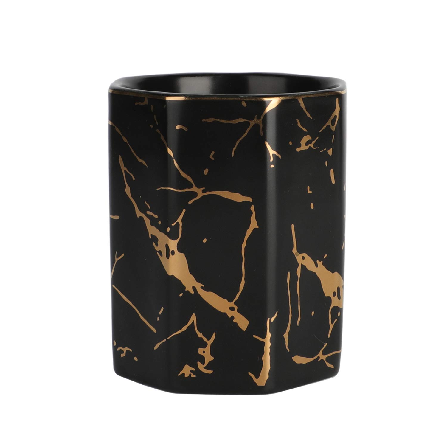 Golden Pattern Ceramic Pen Holder - Elegant Desk Organizer for Pencils, Pens & Office Supplies | Perfect for Home, Office & School Use (Black)